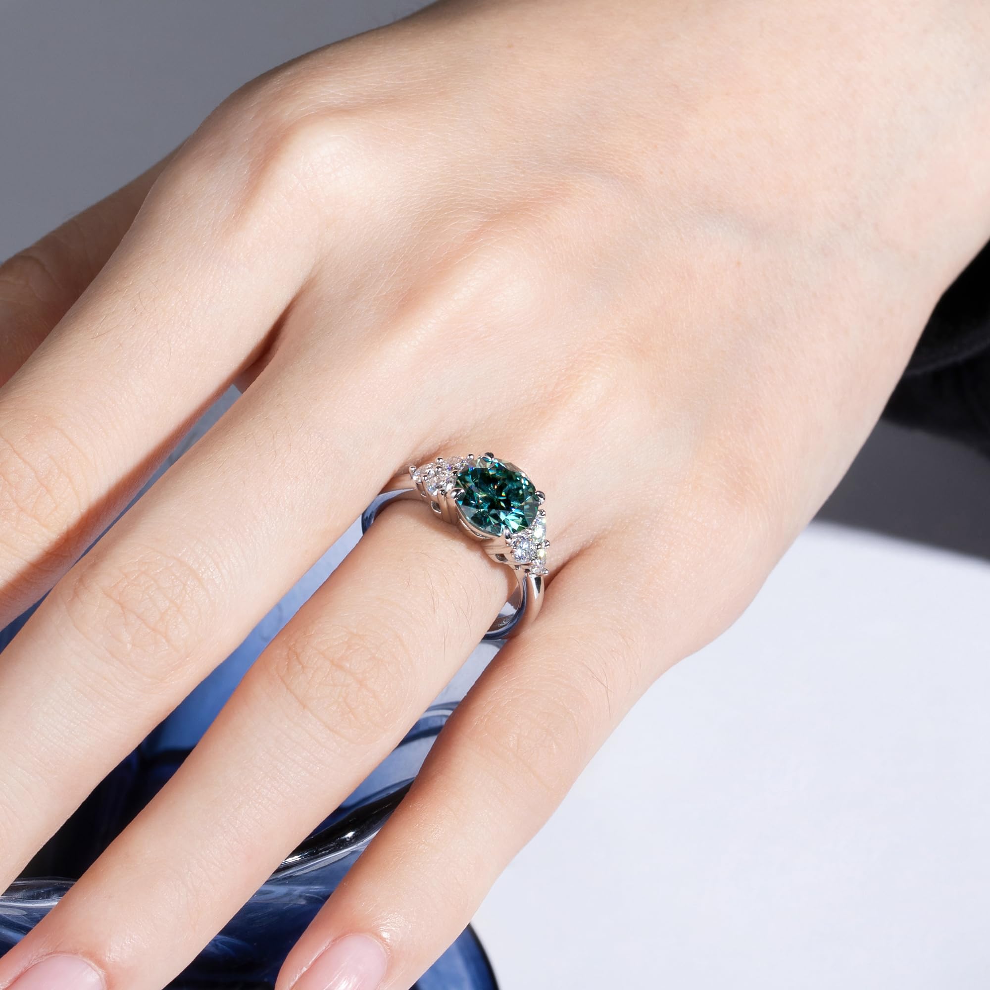 3.0 Carat Fancy Vivid Blue Green Moissanite Ring | 3.6 CTTW VVS D-Color Certified | Platinum Plated Silver Wedding Band | Elegant Engagement & Anniversary Ring for Women | Perfect for Proposals, Bridal Jewelry & Special Occasions