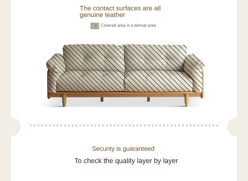 Premium Oak Solid Wood Genuine Leather Fabric Sofa - Modern Living Room Furniture for Home & Office - Comfortable Seating for Relaxation & Entertainment