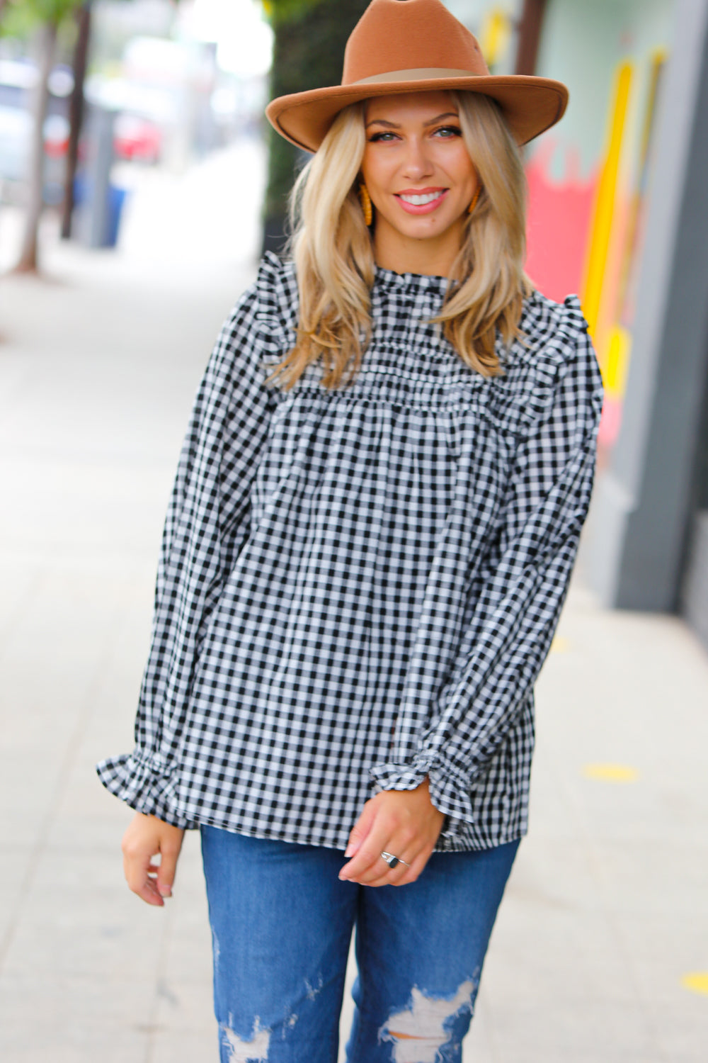 Stylish Black Gingham Shirred Yoke Mock Neck Frilled Top for Women | Vintage-Inspired Blouse for Casual Outfits & Date Nights