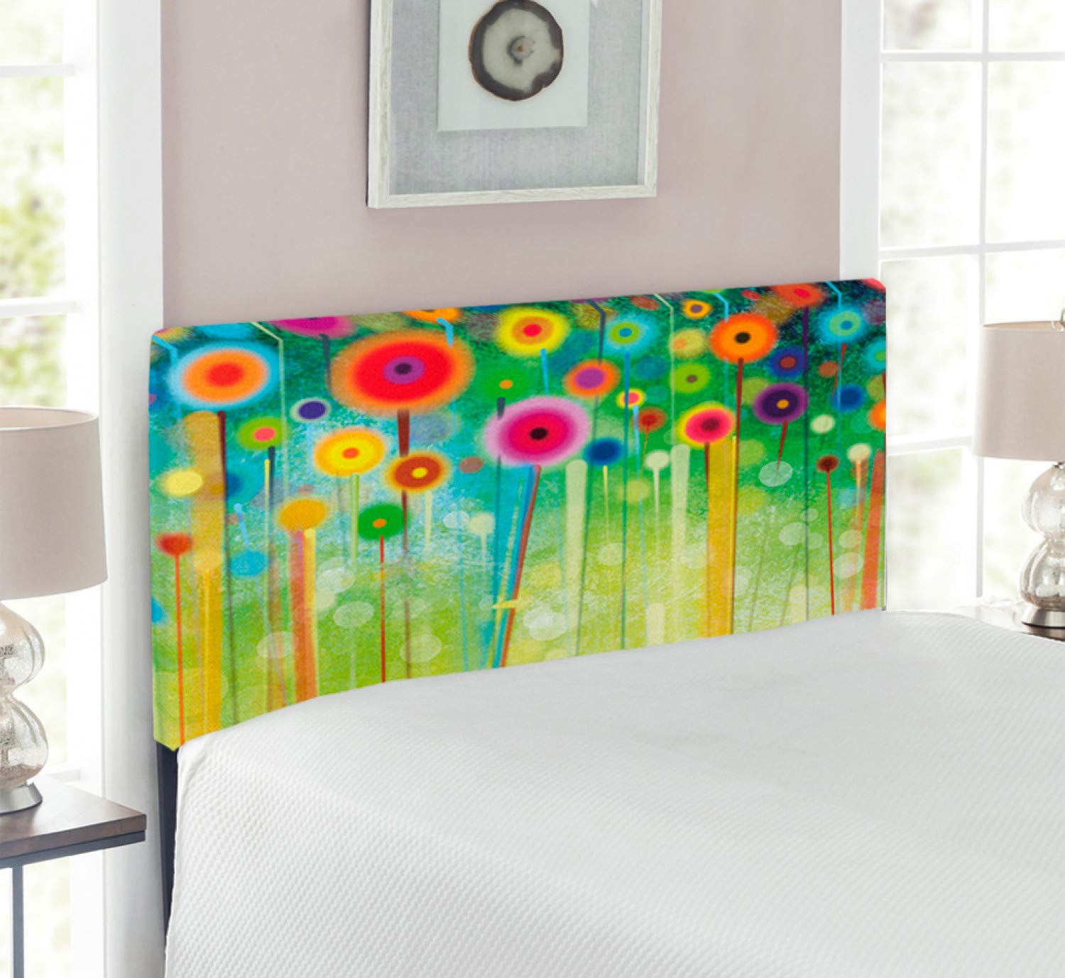 Ambesonne Floral Headboard - Abstract Dandelion Spiral Design with Geometric Petals, Upholstered Metal Bed Frame with Memory Foam for Twin Size Beds | Nature-Inspired Home Decor for Bedroom, Guest Room & Dorm