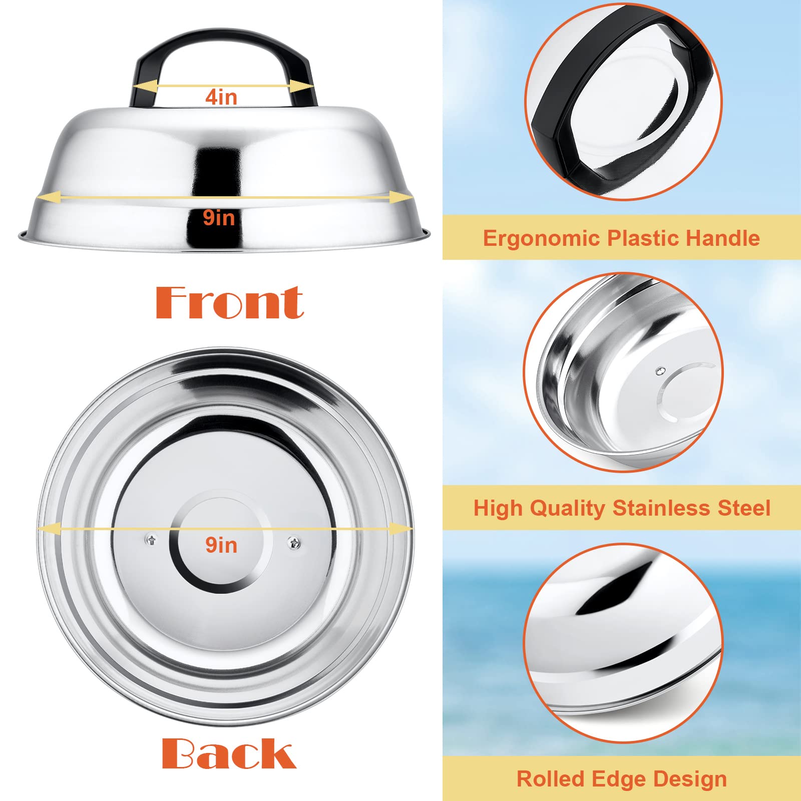 9-Inch Stainless Steel Cheese Melting Dome with Plastic Handle - HaSteeL Round Basting Cover & Steam Lid for Kitchen Griddle - Durable, Lightweight & Easy Clean - Perfect for Indoor/Outdoor Flat Top Grills, Burgers, Pancakes & BBQ Cooking