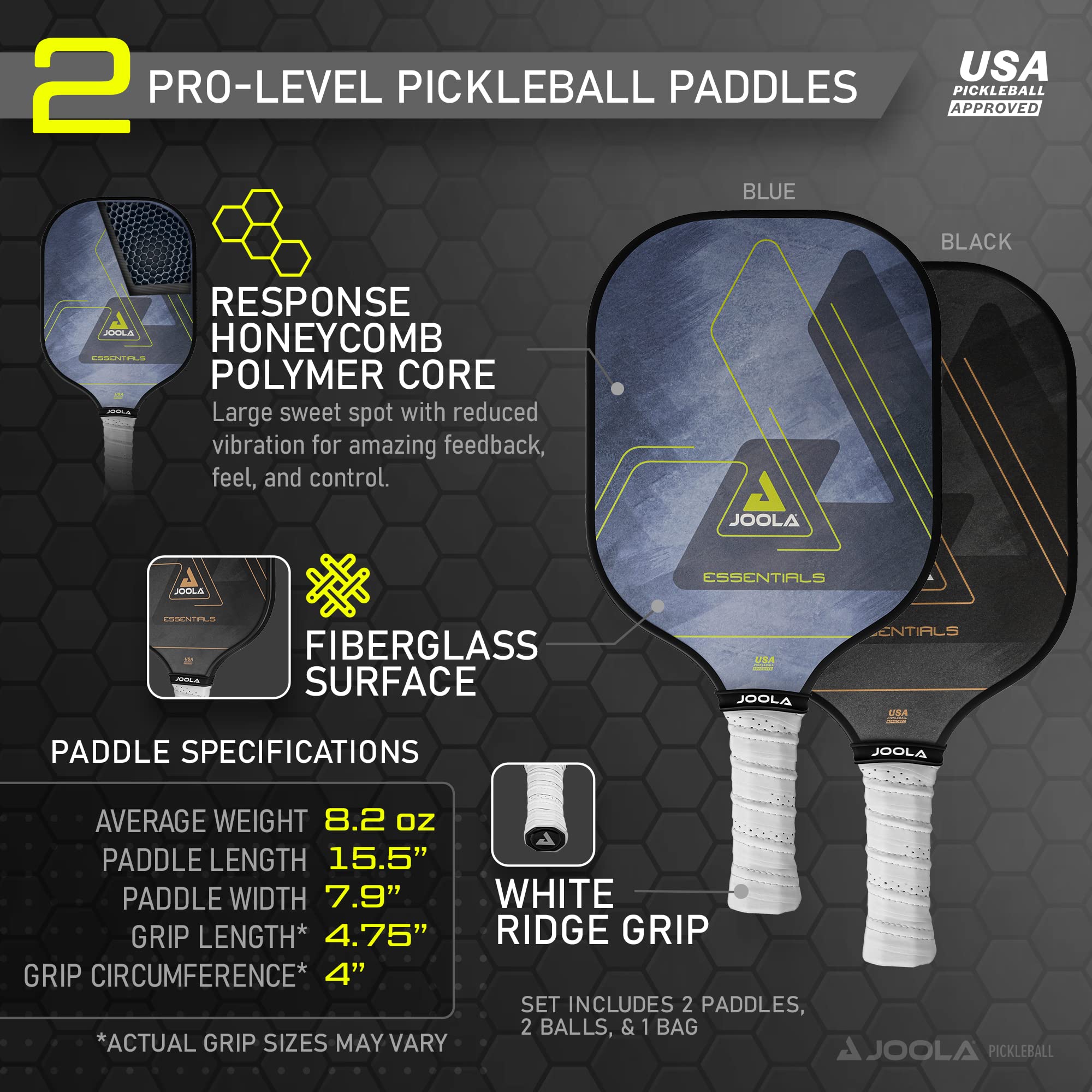 JOOLA Pickleball Paddles & Sets - USAPA Approved Carbon Fiber/Fiberglass Paddles with Enhanced Spin & Control (Agassi Shape or Essentials) - Includes Balls & Carry Bag - Perfect for Tournaments, Recreational Play & Outdoor Sports