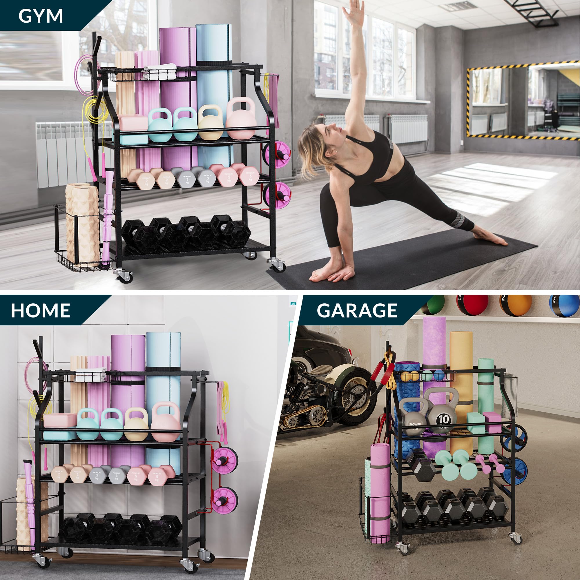 Heavy Duty Dumbbell Rack with Wheels - Adjustable Weight Stand for Kettlebell Storage, Home Gym Organizer for Yoga Mat, Foam Roller, Resistance Bands & Workout Accessories - Perfect for Garage Gym Storage and Workout Space Organization