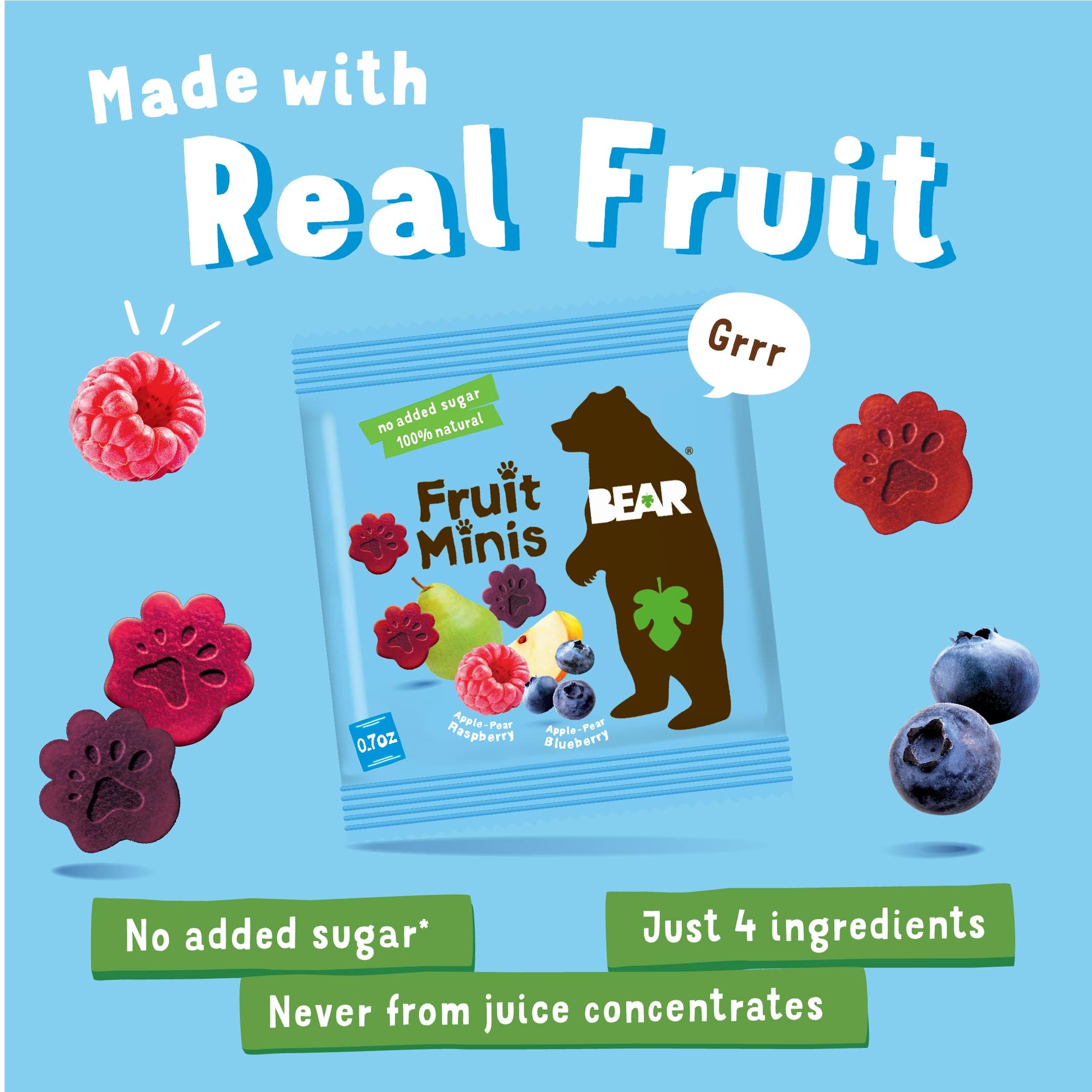 BEAR Real Fruit Snack Minis - Raspberry & Blueberry, No Added Sugar, All Natural, Non-GMO, Gluten Free, Vegan, 0.7oz (18 Pack) | Healthy Bite-Sized Snacks for Kids, Lunch Box, On-The-Go & School Snacks
