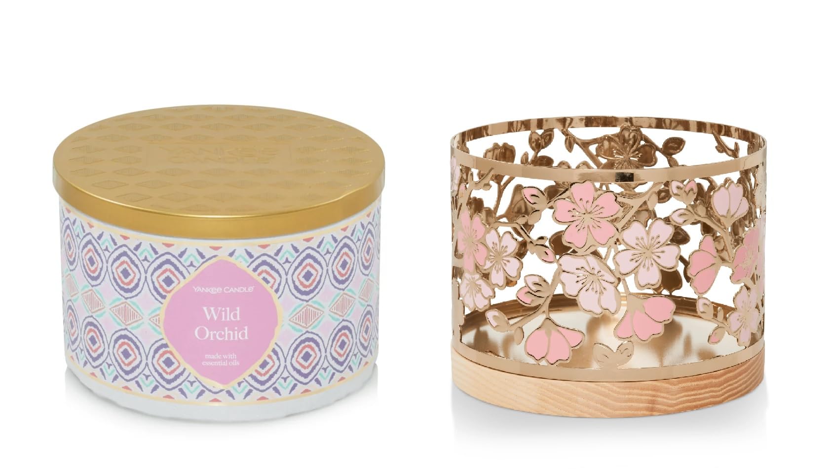 Yankee Candle Wild Orchid Scented 3-Wick Large Jar Candle with Cherry Blossom Glass Holder & Wooden Base - 2-Piece Home Fragrance Gift Set for Living Room, Bedroom & Romantic Decor