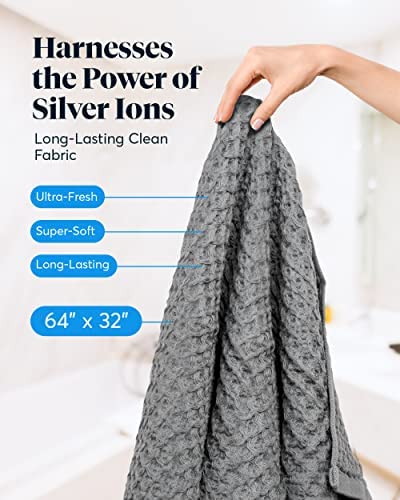 Exfoliating Shower Towel & Waffle Bath Towel Set - Gray SUTERA Bundle for Spa, Bath & Luxury Skin Care Routine