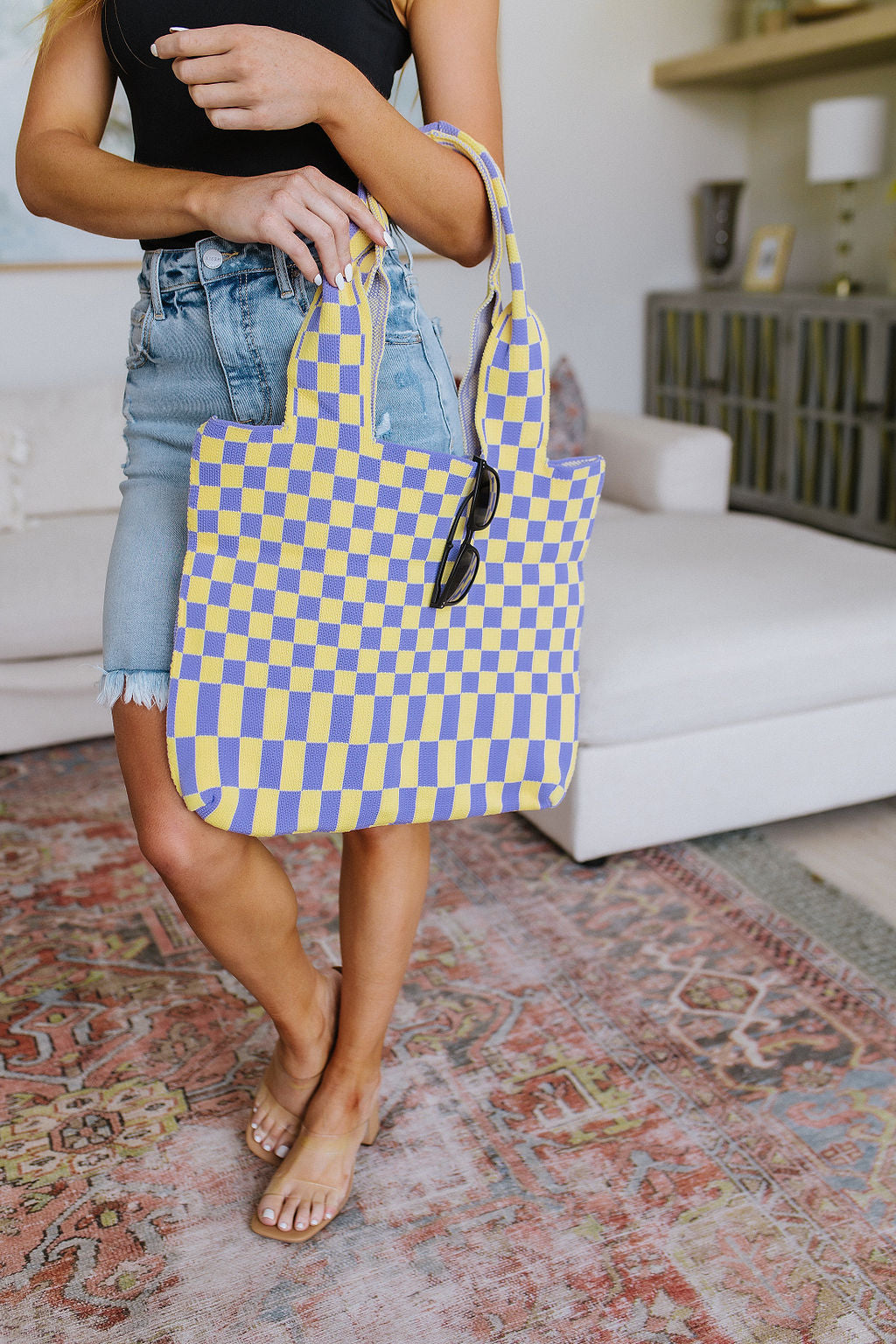 Checkerboard Pattern Large Tote Bag - Stylish Lilac & Yellow Crossbody Shoulder Bag for Women | Perfect for Beach, Shopping, Travel & Daily Use
