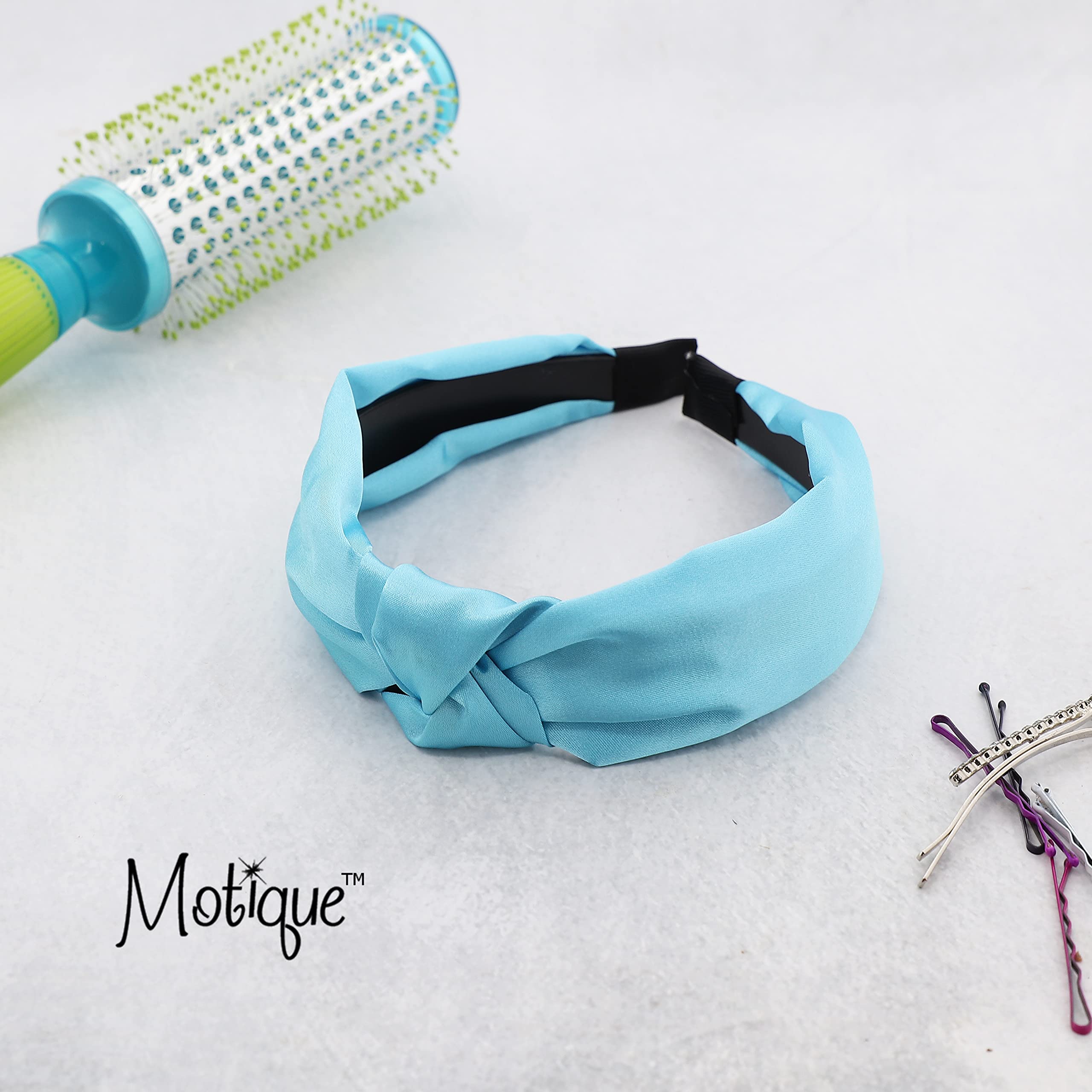 Motique Women's Satin Knot Headbands - Set of 4 Blue Hair Accessories for Everyday Wear, Weddings & Special Occasions