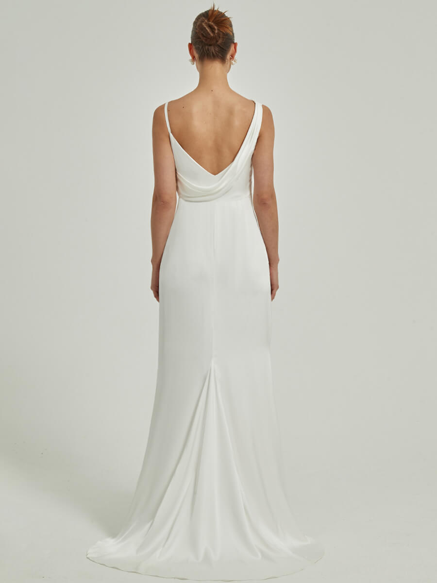 Elegant Diamond White Sheath Wedding Dress with V Back, Button Slit & Train - Perfect for Bridal Ceremonies, Formal Events & Evening Galas