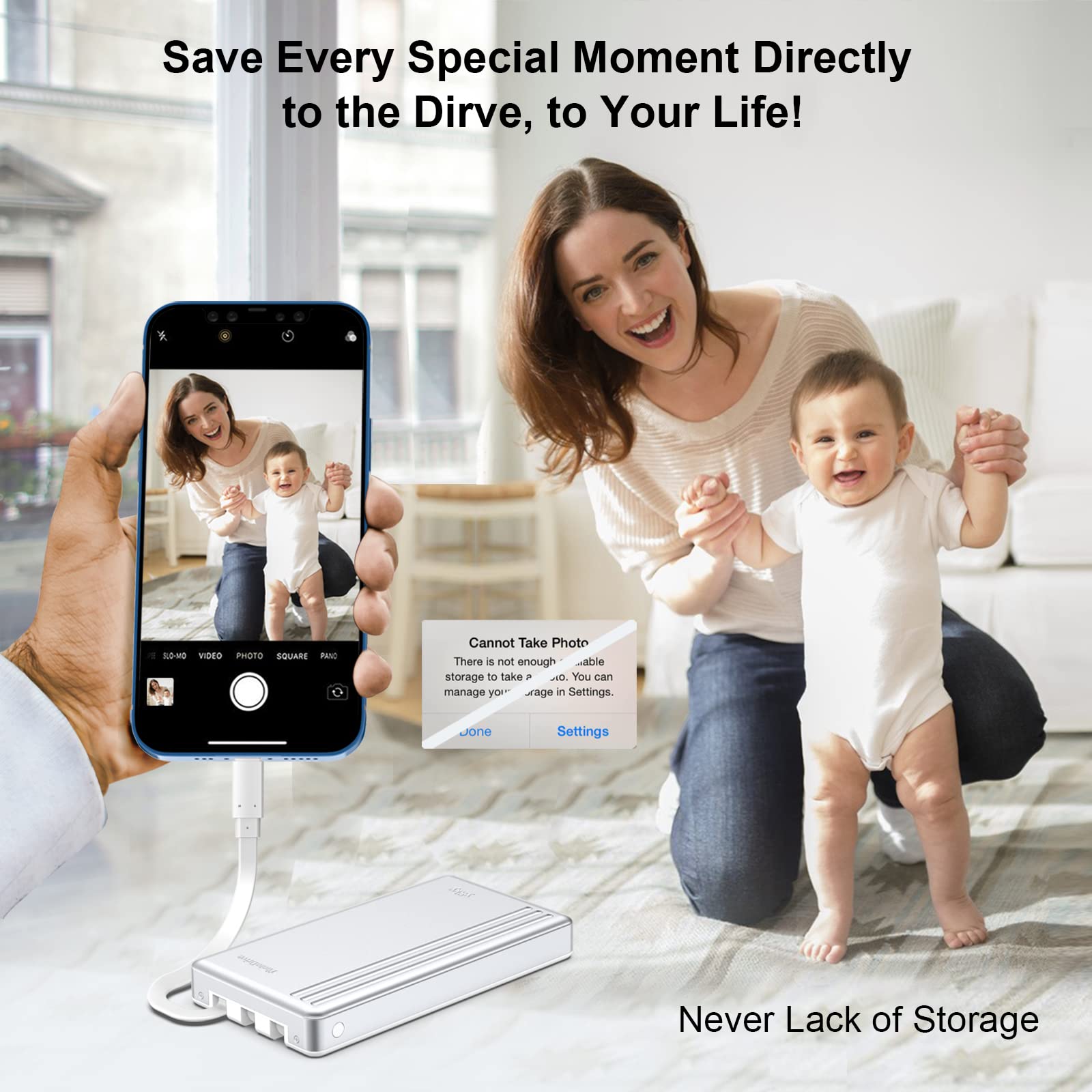 1TB MFi Certified Portable External Hard Drive for iPhone, iPad, MacBook - USB-C/USB Storage Device with One-Touch Backup | Expand Memory for iOS, Android & Windows PC | Perfect for Travel, Work & Photo Storage