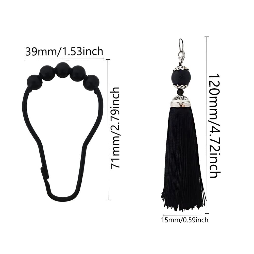 12 Pack Rust-Proof Black Stainless Steel Tassel Shower Curtain Hooks - Decorative Bathroom Curtain Rings for Shower Rods, Bedroom & Living Room - Durable Metal Hooks with Elegant Tassels (Black) - Perfect for Modern Bathroom Decor, Guest Rooms, and Apartment Styling