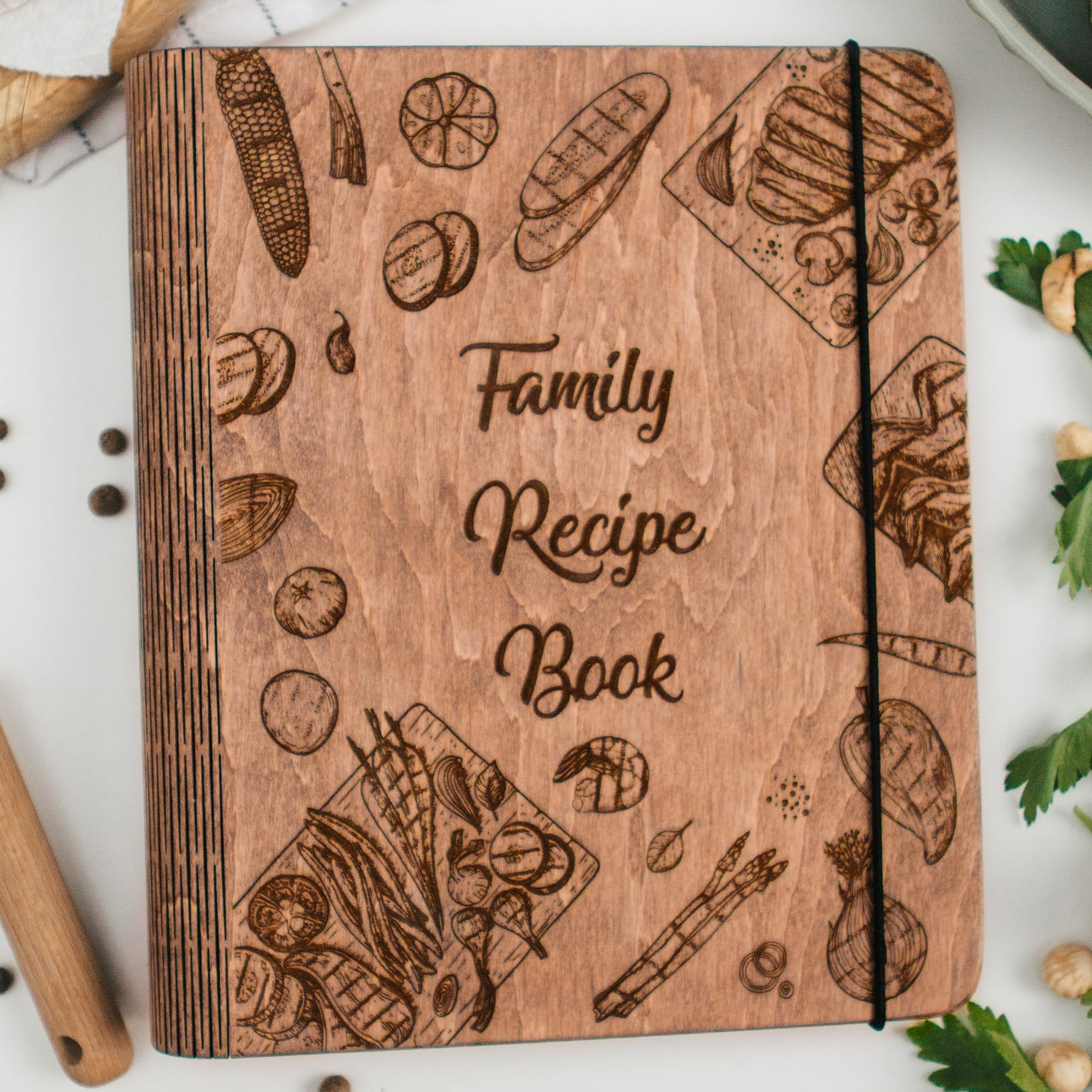 ENJOY THE WOOD Personalized Wooden Recipe Book Binder - Custom Family Cookbook Journal & Sketchbook Organizer - Large A4 Size for Grilling Recipes | Perfect for Kitchen Organization, Gift Giving & Recipe Preservation