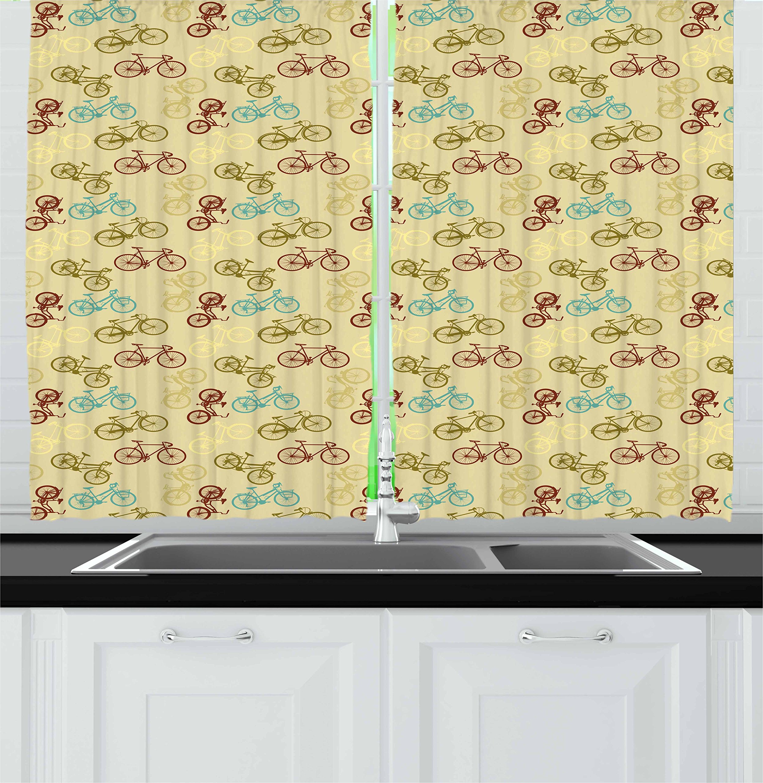 Ambesonne Vintage Bicycle Print Kitchen Curtains - Retro Cycling Design Window Drapes 2 Panel Set for Home Decor, 55