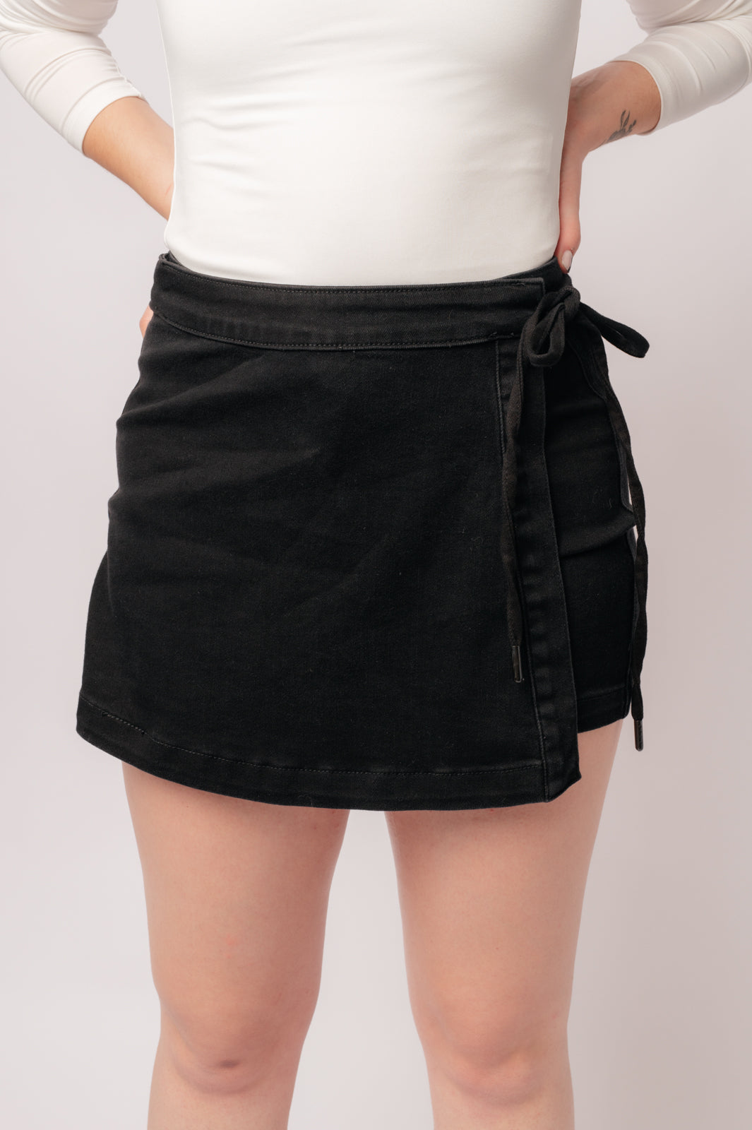 Bentli High Rise Side Tie Denim Skort - Black Stretchy Denim Skirt Shorts for Women | Casual Outfits, Summer Fashion & Street Style