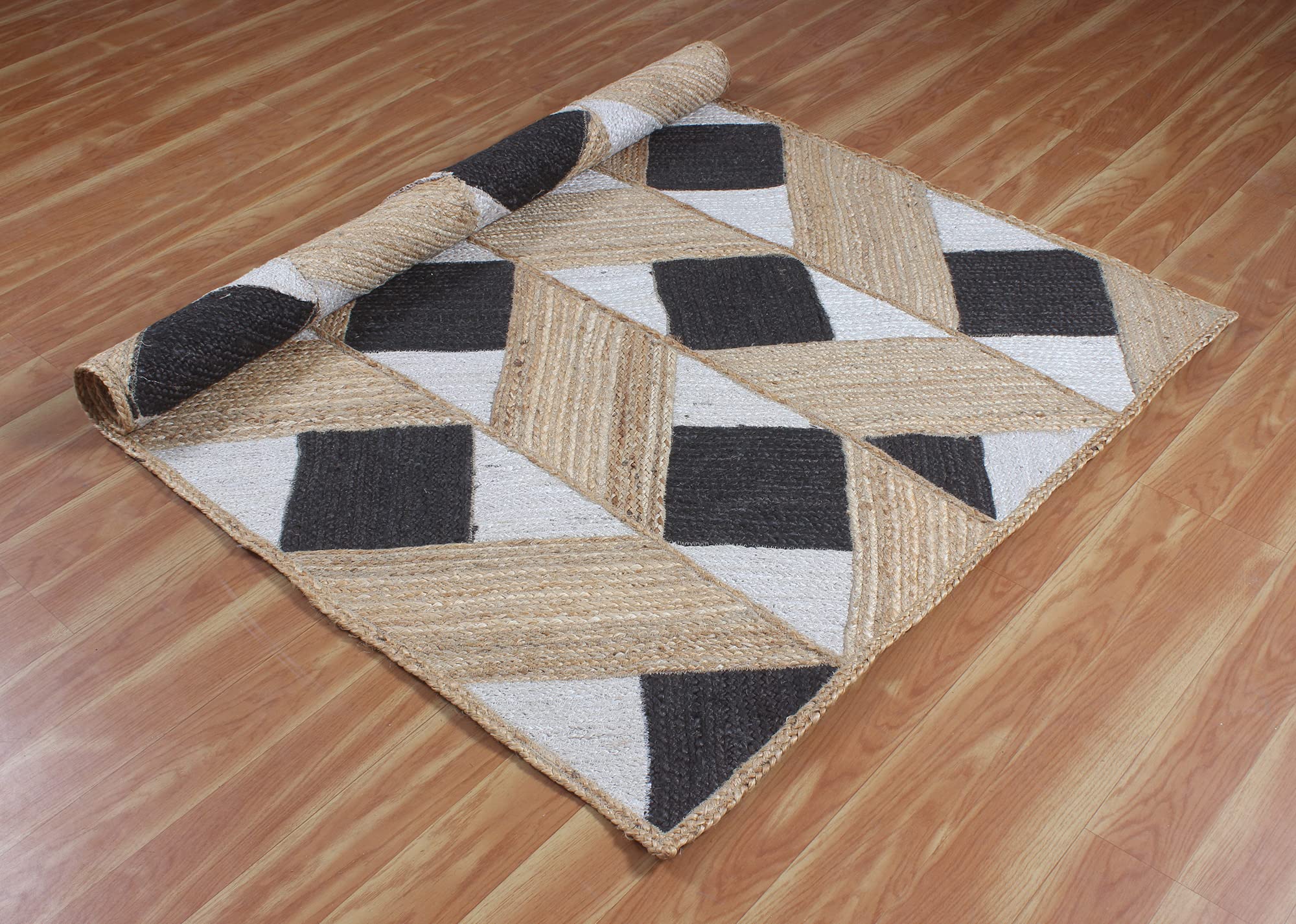 Hand Braided Geometric Beige & Black Area Rug - 4x4 Feet Square Boho Chic Decor for Hallway, Dining Room, Living Room, Bedroom & Kitchen | Soft & Durable Floor Mat for Home, Office & Airbnb Styling