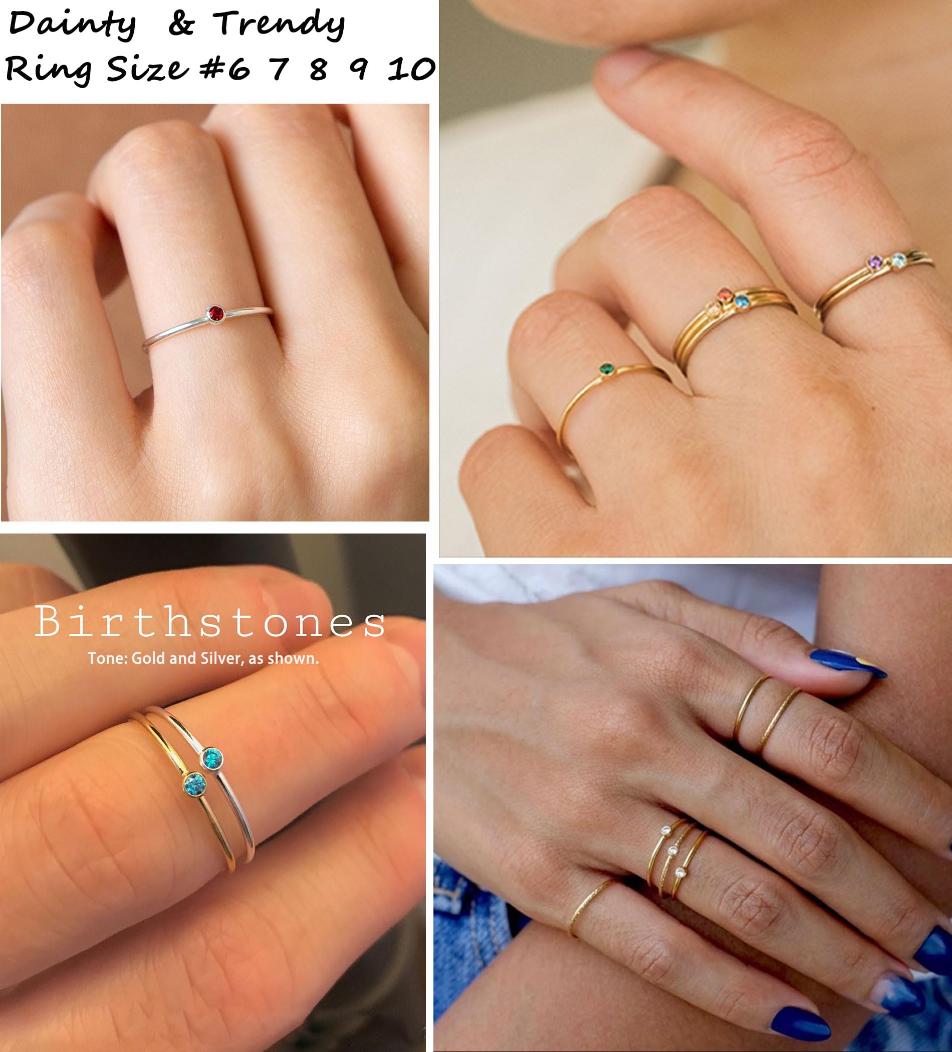 14K Gold Plated Sterling Silver Birthstone Rings for Women - Non Tarnish Stackable Dainty Emerald Green & Blue CZ Gemstone Jewelry | Perfect Birthday Gift for Mom, Daughter & Bridesmaids | Elegant for Weddings, Anniversaries & Everyday Wear