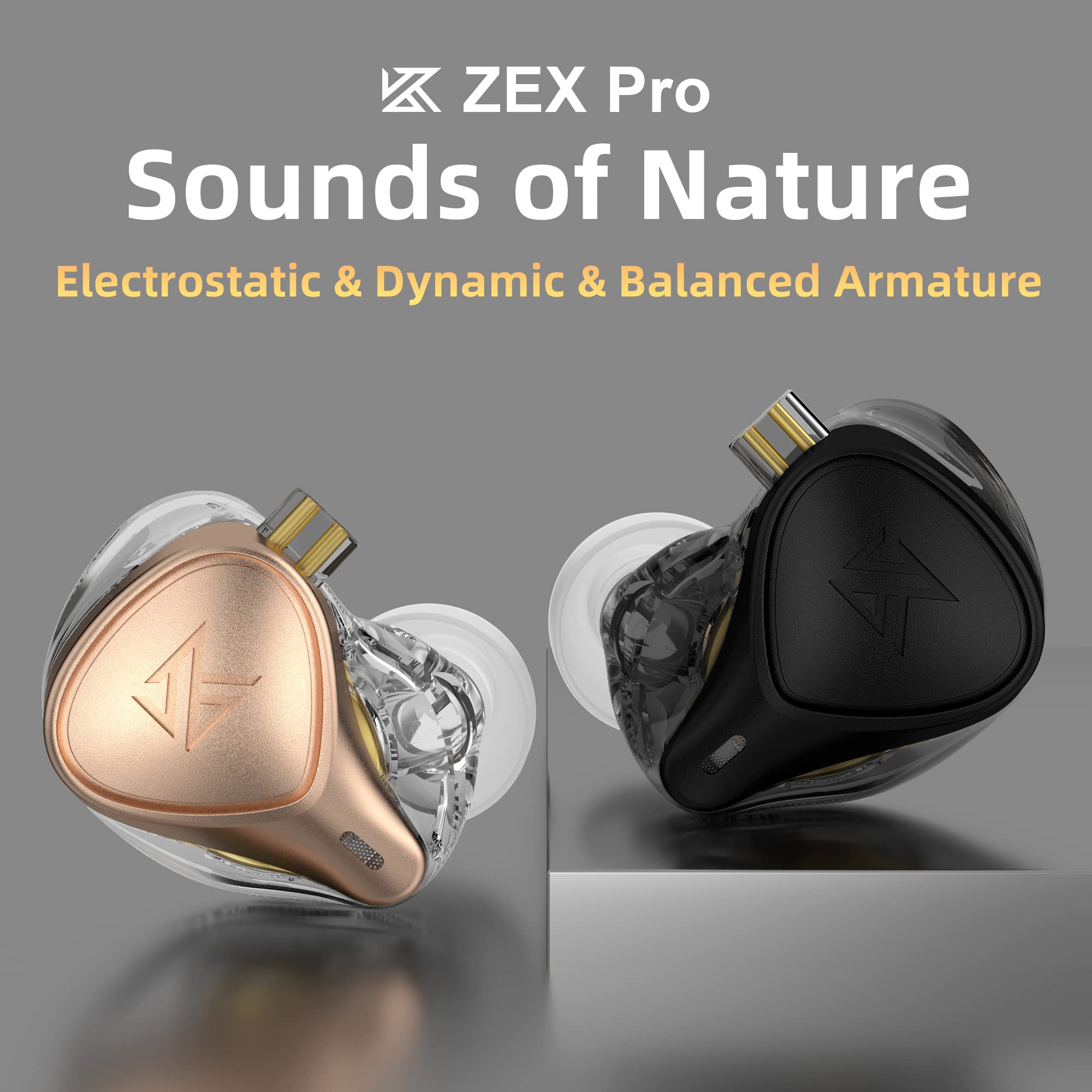 KZ ZEX Pro Triple Driver Hybrid HiFi In-Ear Earphones - Electret Electrostatic, Dynamic & Balanced Armature Drivers - Detachable Silver-Plated Cable (No Mic, Pink Gold) - Perfect for Audiophiles, Music Lovers & Studio Monitoring