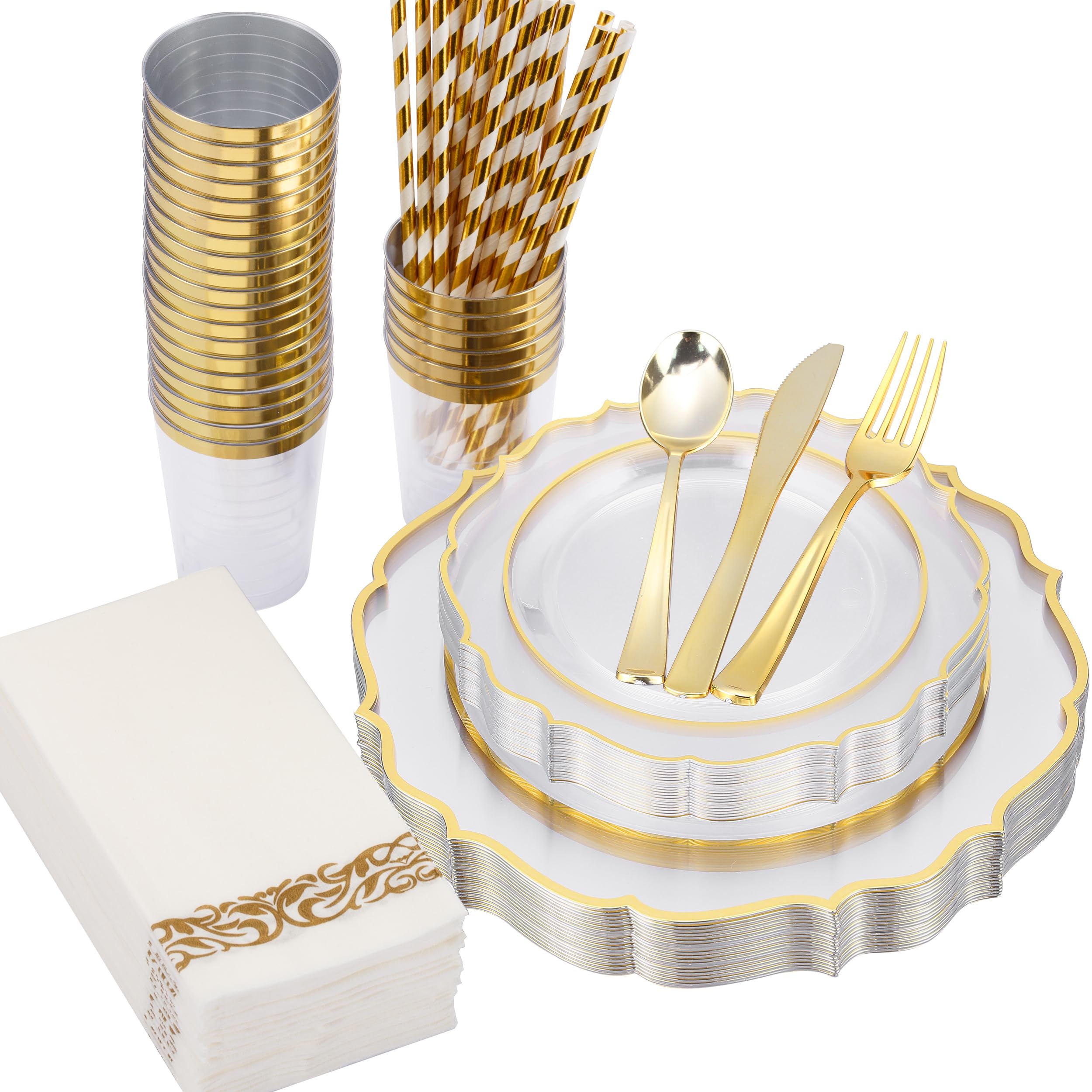 200-Piece Baroque Gold Rimmed Disposable Dinnerware Set - Heavy Duty Plastic Plates, Cutlery & Napkins for 25 Guests | Elegant Wedding, Party & Event Tableware | Includes Dinner Plates, Dessert Plates, Spoons, Forks, Knives & Cups
