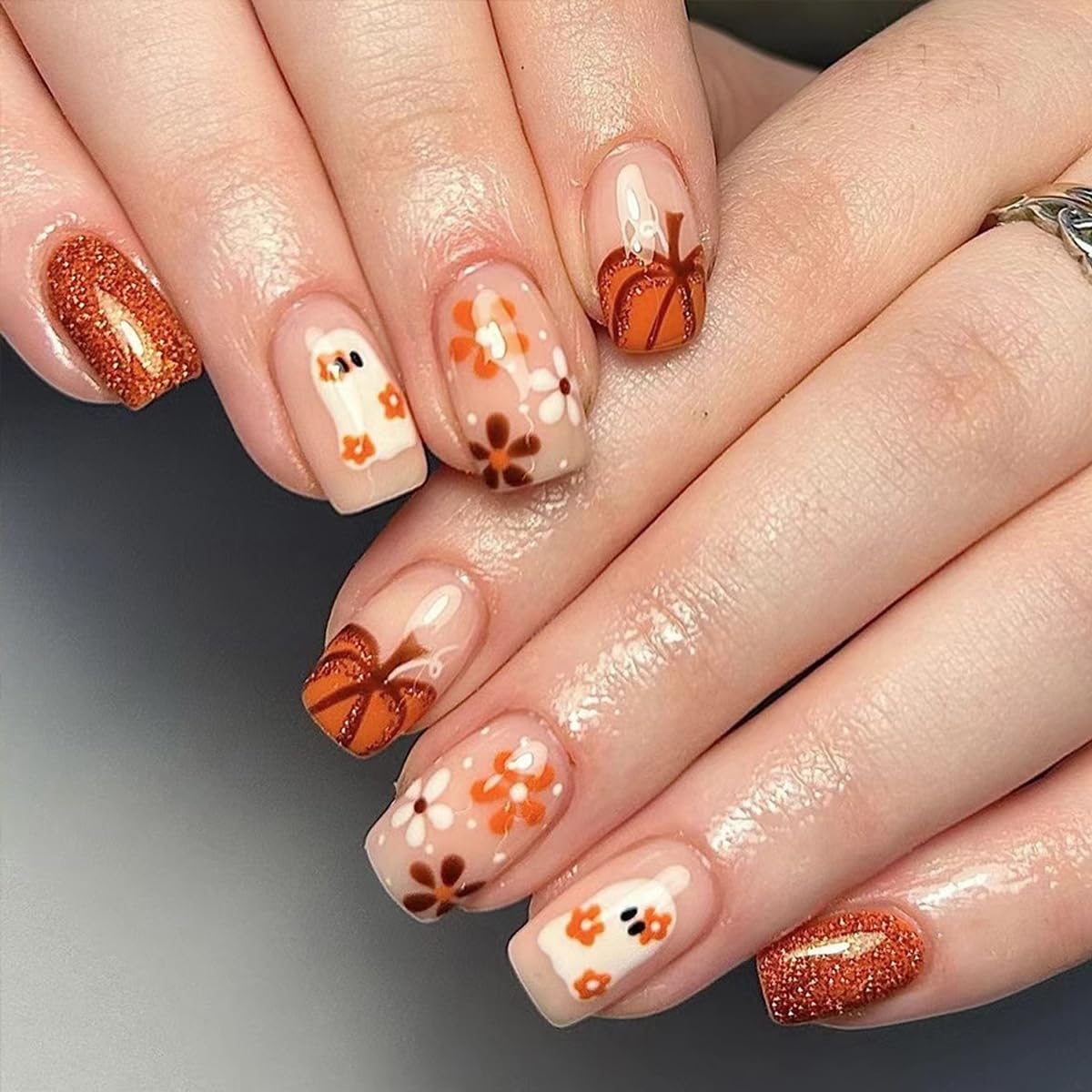 Halloween Press on Nails - 24Pcs Square Medium Fake Nails with Ghost, Flower & Pumpkin Designs | Glossy Stick on Nails for Women | Perfect for Costume Parties, Trick or Treat & Spooky Manicures