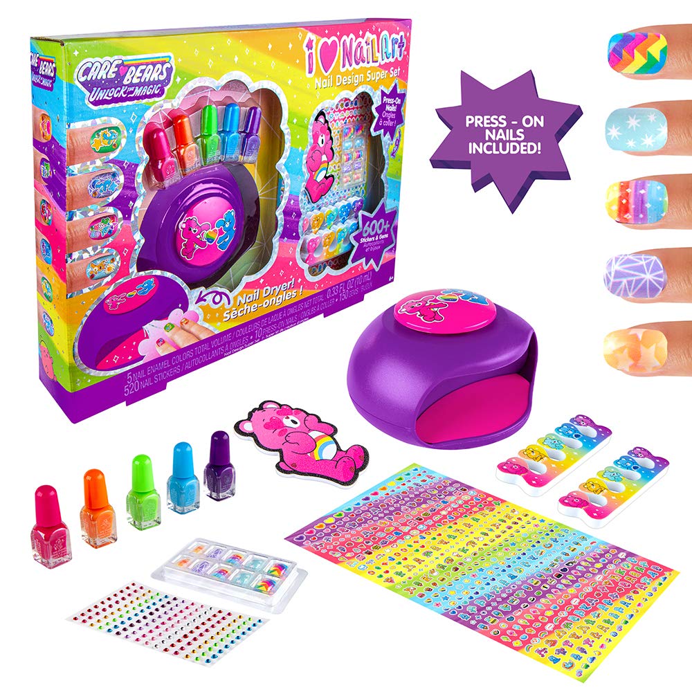 Fashion Angels Care Bears Nail Art Kit for Girls - 5 Nail Polishes, 600+ Stickers, Nail Dryer & Press On Nails - Creative Gift for Kids Ages 6+ - Perfect for Birthday Parties, Sleepovers & DIY Nail Art Fun
