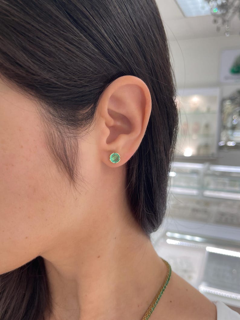 2.0tcw 14K Gold Semi Bezel Colombian Emerald Round Stud Earrings for Women – Elegant Jewelry Gift for Birthday, Anniversary & Special Occasions