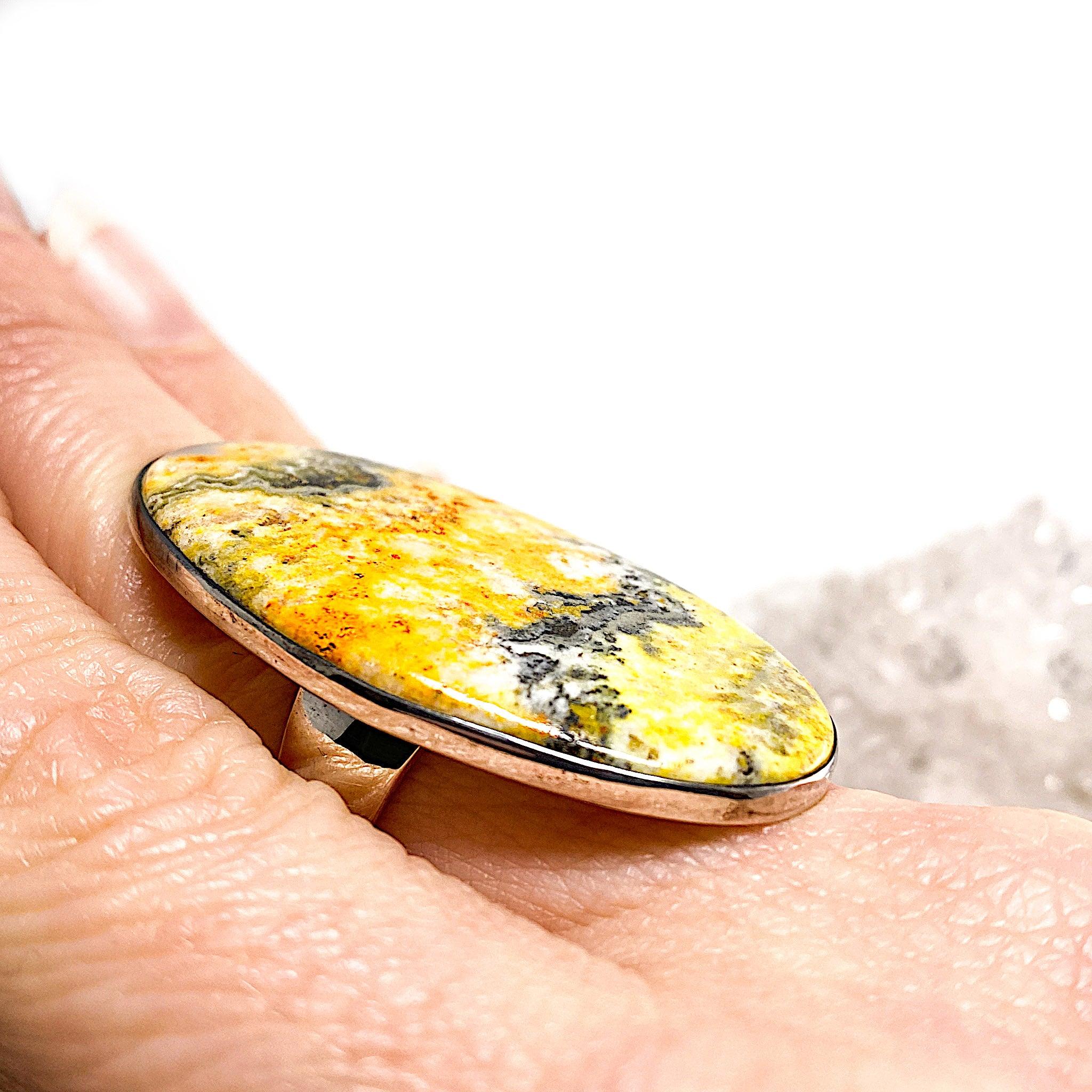 Bumble Bee Jasper Long Oval Cabochon Ring - Size 11 (KRGJ1186) - Handmade Gemstone Jewelry for Boho & Nature Lovers