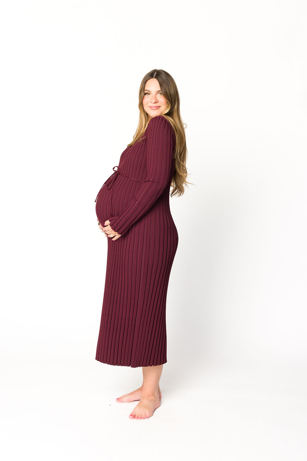 Colette Premium Long Sleeved Ribbed Knit Maxi Dress in Burgundy - Bump Friendly Maternity Dress for Pregnancy, Nursing & Postpartum - Perfect for Casual Wear, Office & Special Occasions