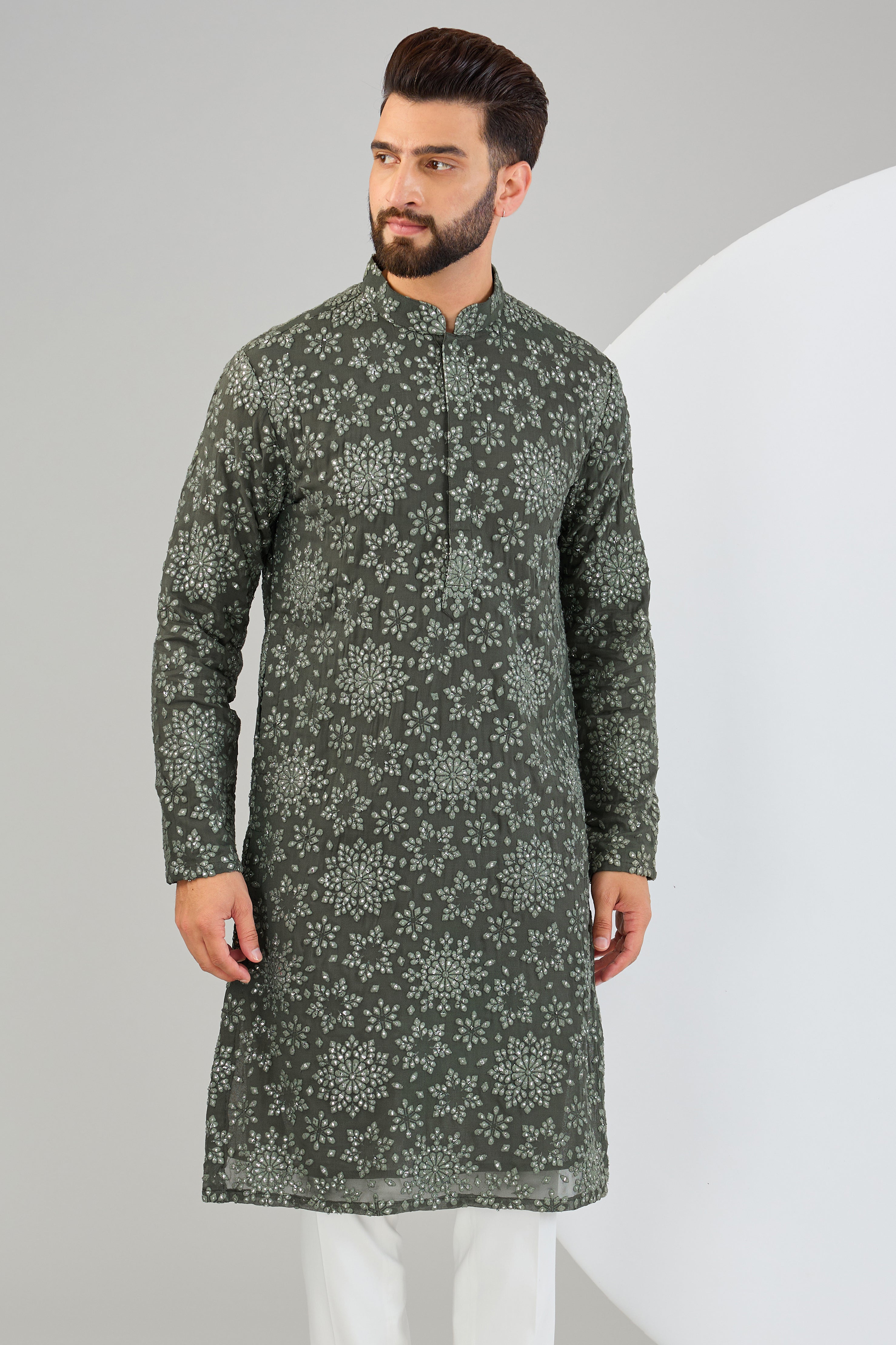 Stylish Military Green Kurta with Intricate Floral Embroidery & Sequin Work - Perfect for Festivals, Weddings & Ethnic Fashion