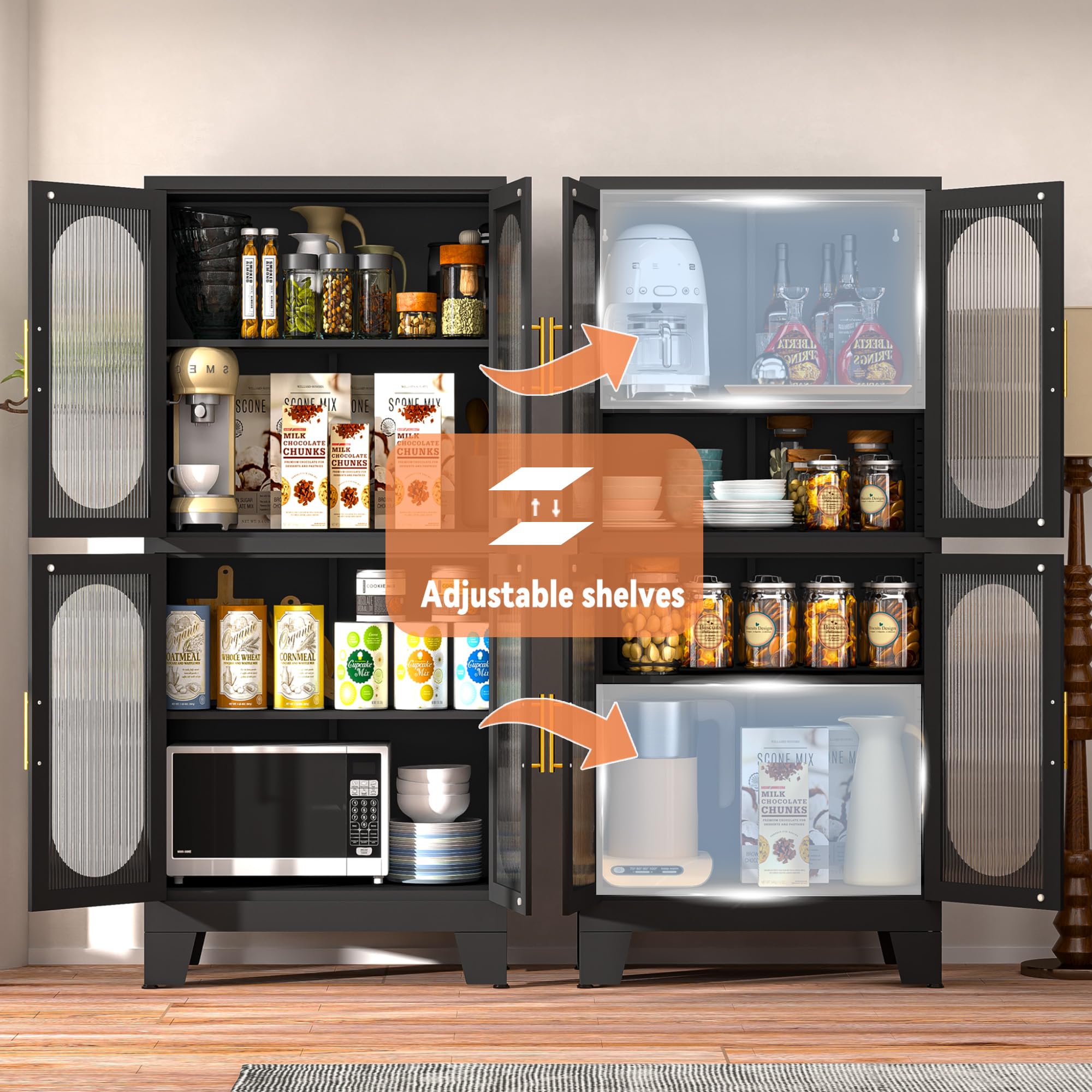 Black Kitchen Pantry Cabinet with Acrylic Glass Doors & Adjustable Shelves - Versatile Storage Organizer for Kitchen, Dining Room, Home Office, Bedroom - Perfect for Small Space Organization & Home Decor