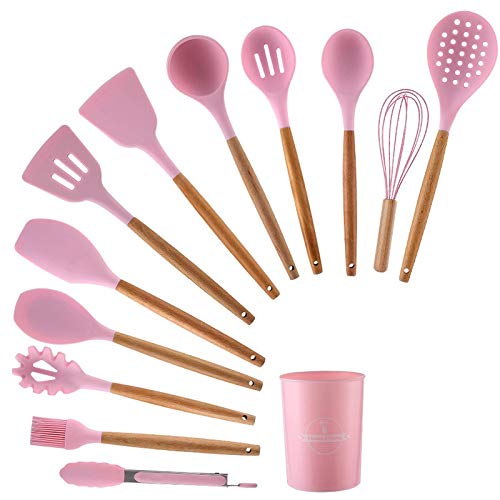 12-Piece Silicone Kitchen Utensil Set with Wooden Handles - Non-Slip Cooking Tools for Baking, Frying & Stirring - Yellow Kitchen Accessories for Home Chefs