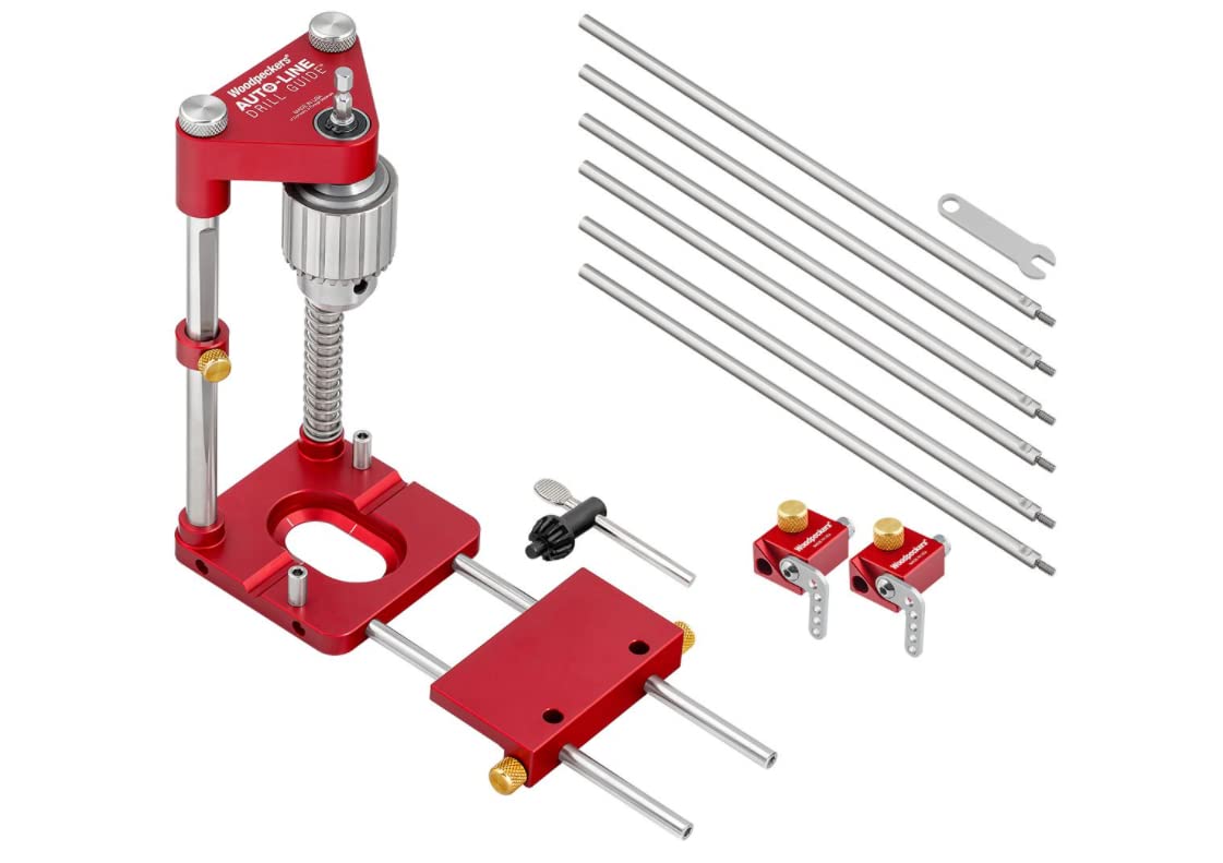 Woodpeckers Auto Line Drill Guide Deluxe Kit - Portable Precision Drilling Tool with Guide, 6 Extension Rods, 2 Flip Stops & Wrench - Perfect for Woodworking, Metalworking & DIY Home Projects