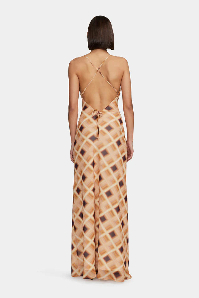 Elegant Remy Caramel Check Cowl Neck Strappy Maxi Dress for Women - Perfect for Weddings, Parties & Summer Vacations