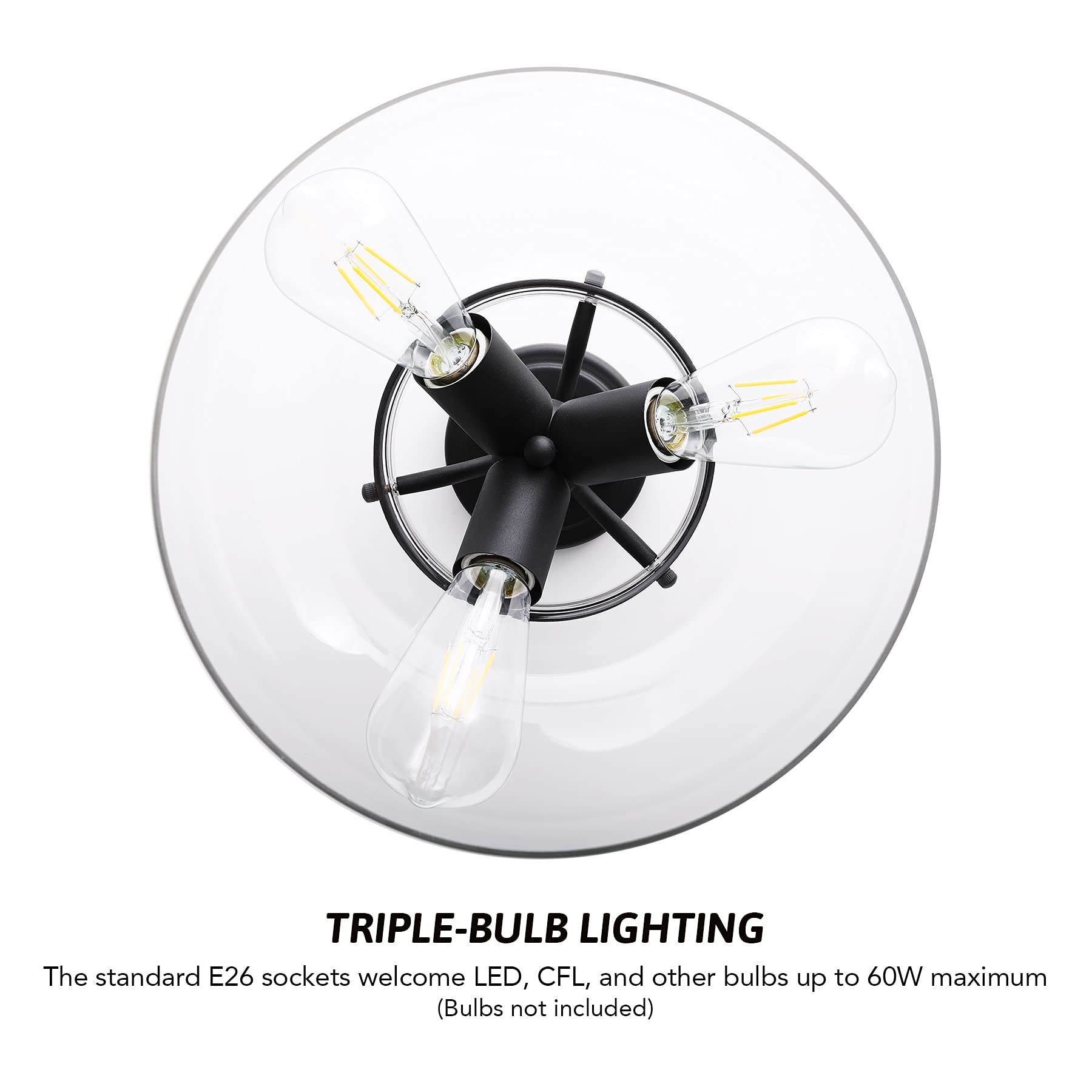 VONLUCE Modern Industrial Clear Glass Shade 3-Light Semi Flush Mount Ceiling Fixture, 35cm Matte Black Pendant Light for Kitchen Island, Dining Room, Bedroom, Hallway & Living Room - Perfect for Ambient Lighting in Modern Homes and Commercial Spaces