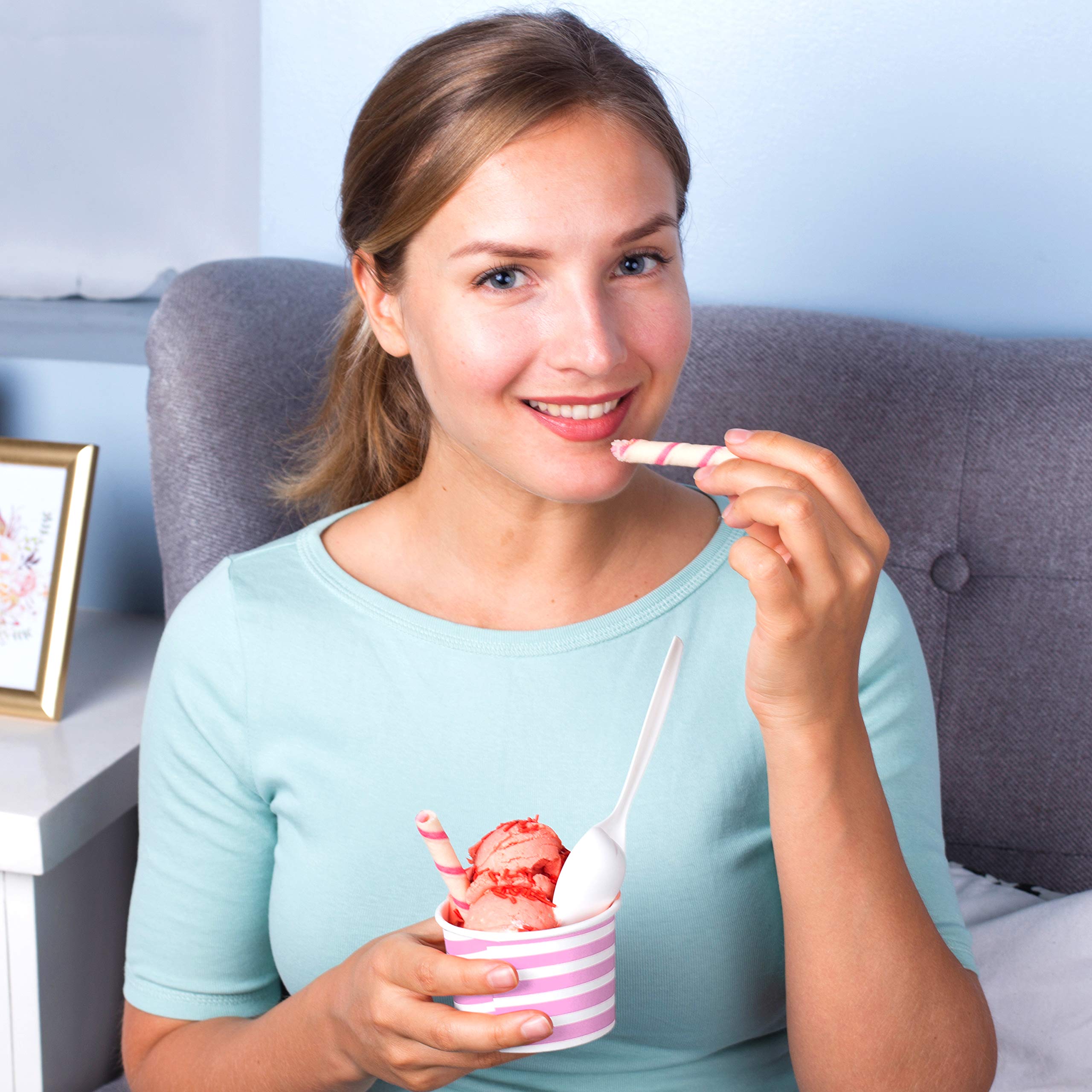 Premium 5.5 oz Disposable Paper Ice Cream Cups - 50 Pack, Hot & Cold Dessert Bowls with Pink Stripes - Perfect for Ice Cream Parlors, Parties, and Home Dessert Serving
