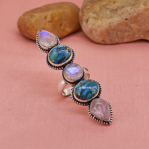 Genuine Rainbow Moonstone & Turquoise 925 Sterling Silver Ring - Handmade Fashion Jewelry for Engagement, Promise, June Birthstone & Anniversary - Perfect for Weddings, Gifts & Boho Style Outfits