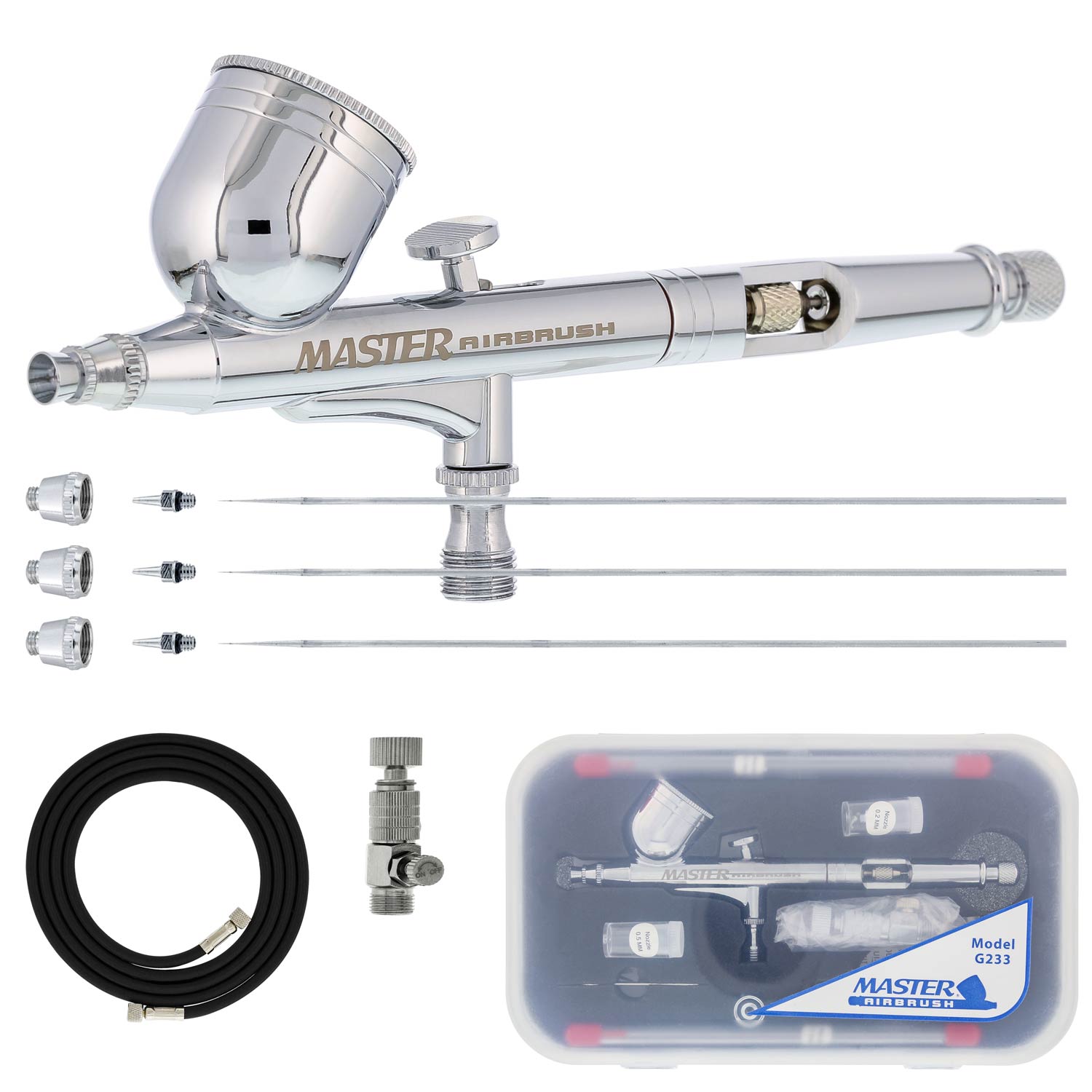 G233 Pro Dual Action Airbrush Kit with 3 Nozzle Sets (0.2mm, 0.3mm, 0.5mm Needles) - Gravity Feed Airbrush with Fluid Tips, Air Caps & Hose - Perfect for Model Painting, Cake Decorating & Nail Art