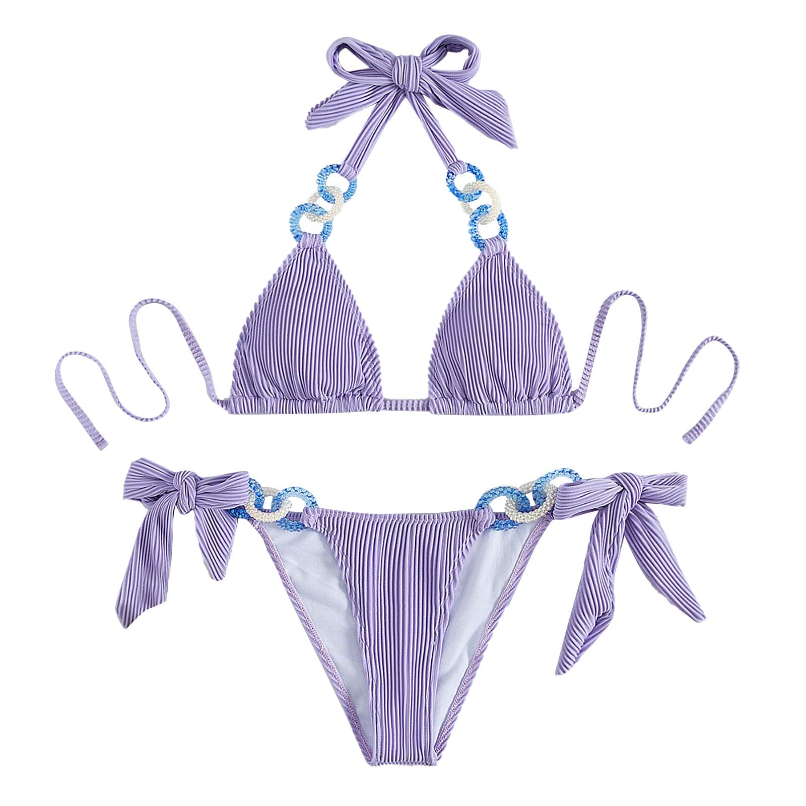 Sexy Women's Halter Backless Bikini Set with Sequin Jewelry - Solid Color Split Swimsuit for Beach, Pool Party & Summer Vacation