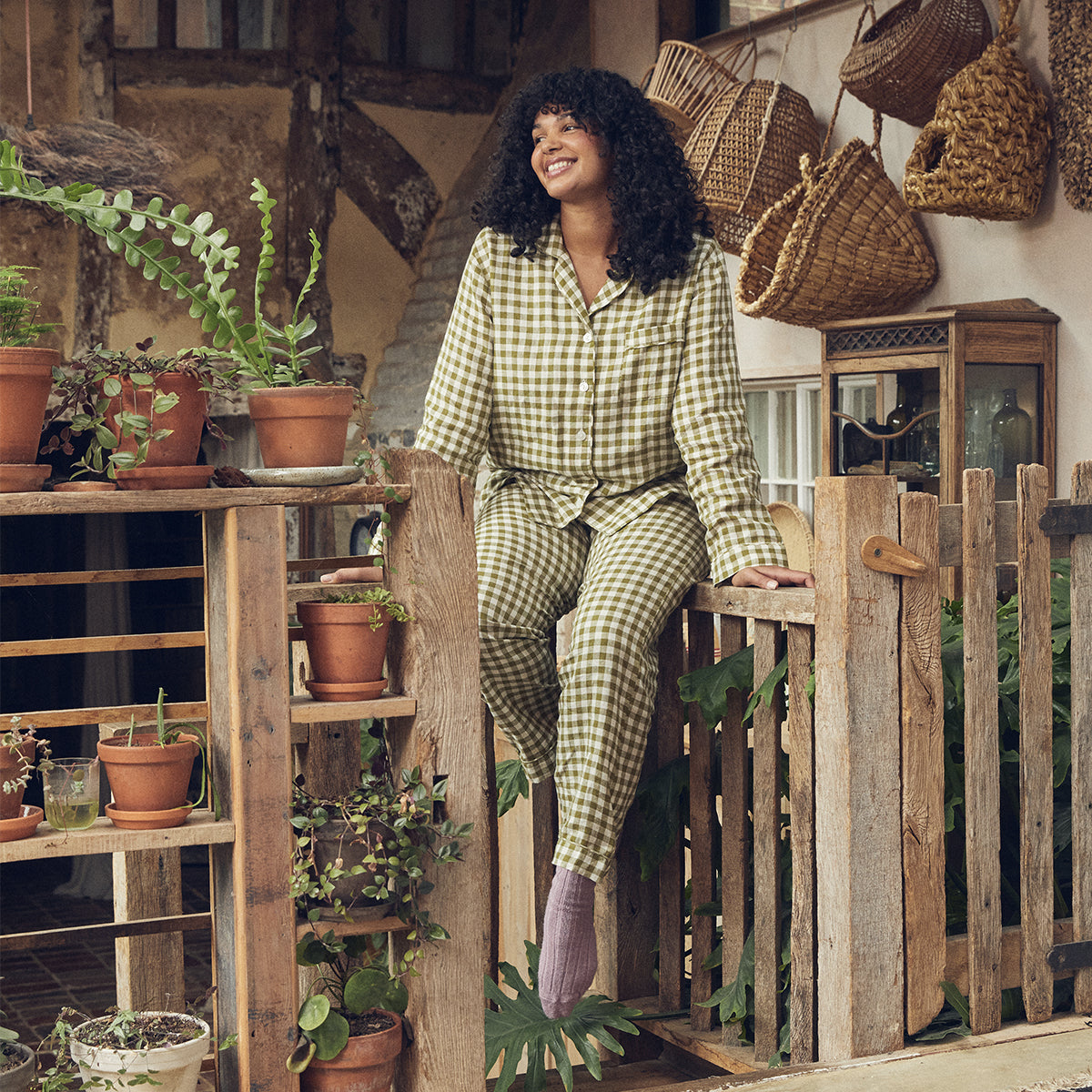 Botanical Green Gingham Linen Pajama Set for Women - Soft & Breathable Sleepwear - Cozy Lounge Pajamas for Relaxing at Home or Vacation