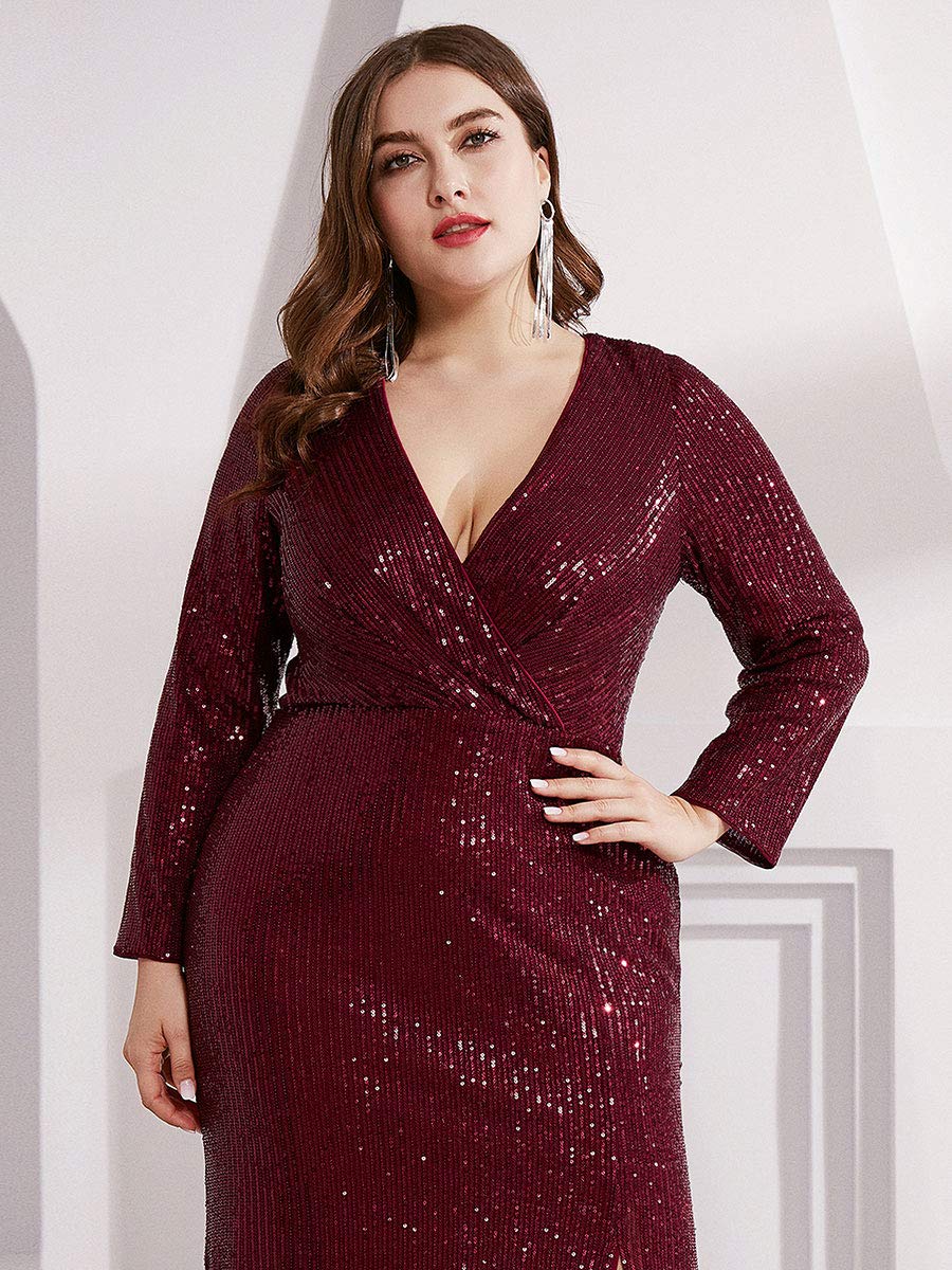 Ever-Pretty Women's Plus Size Long Sleeve Sequin Maxi Dress with High Slit - Elegant Evening Gown for Prom, Party & Special Occasions