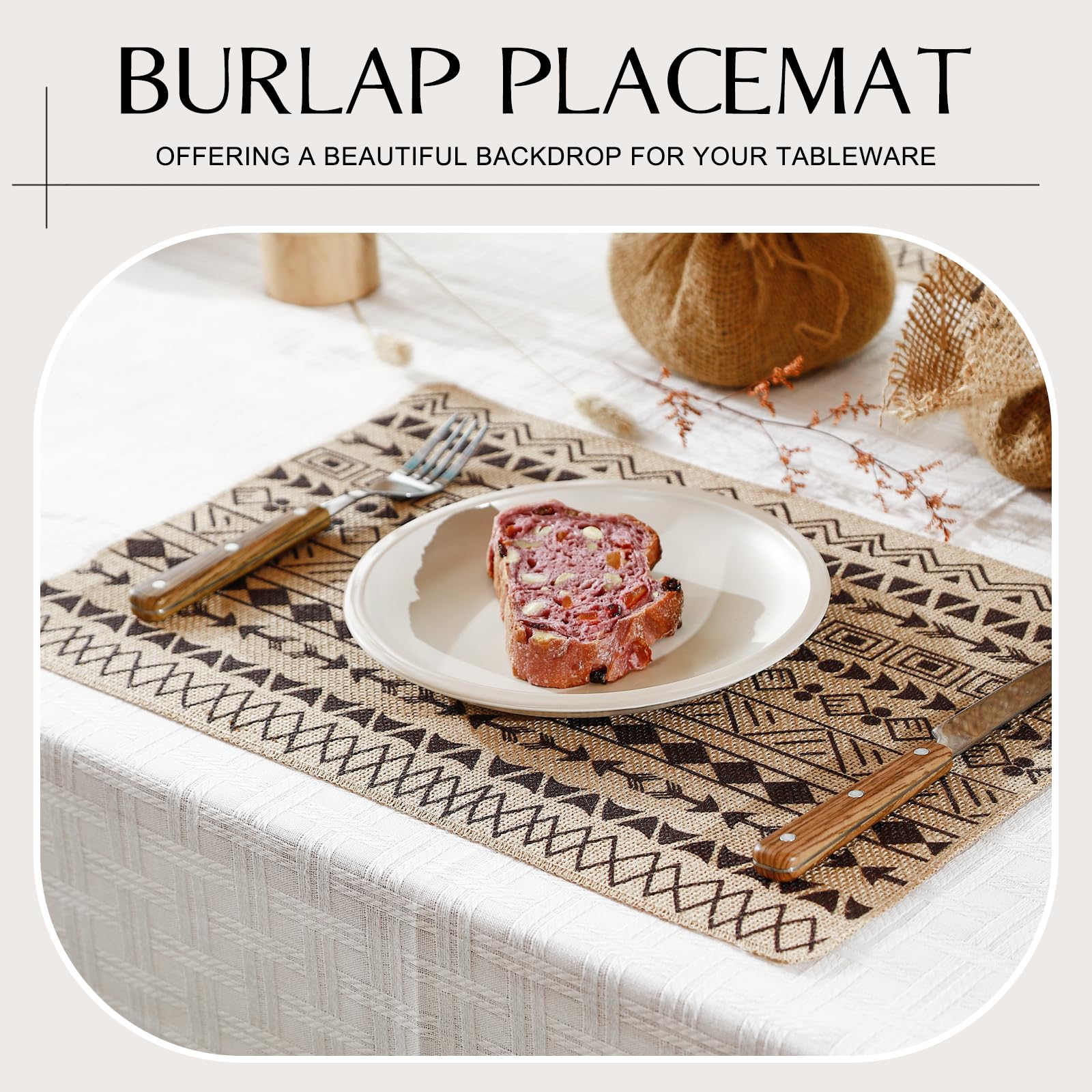 Natural Jute Placemats Set of 6 - Rustic Washable Linen Table Mats for Kitchen Dining, Thanksgiving, Parties & Weddings - Boho Chic Home Decor for Farmhouse & Modern Tables