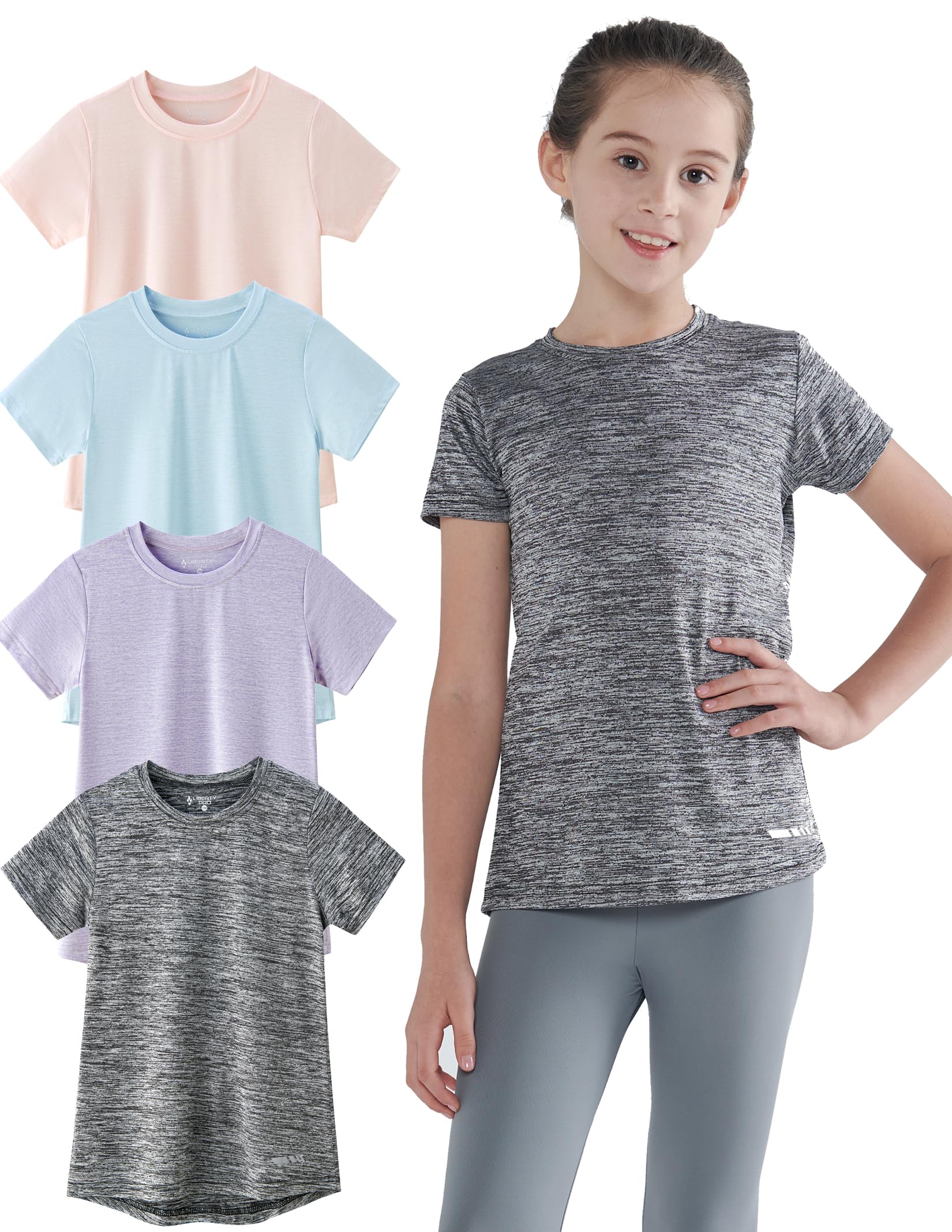 4 Pack Youth Girls Athletic Shirts - Moisture Wicking Short Sleeve Tech Tees for Kids & Teens - Perfect for Soccer, Basketball & Running Workouts