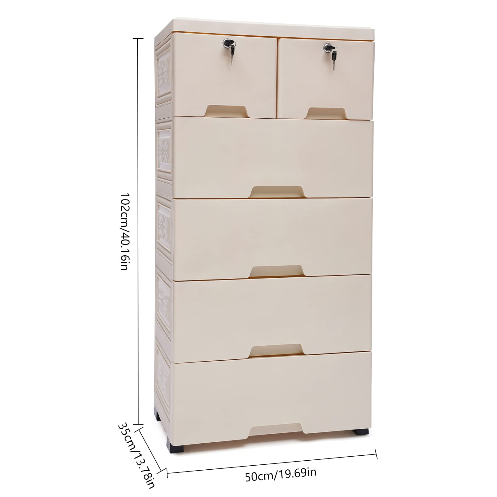 6-Drawer Plastic Storage Dresser Cabinet - Tall Closet Organizer for Clothes, Toys & Bedroom Furniture with 5 Wheels & 2 Locks (66lbs Capacity, Beige) - Perfect for Playrooms, Dorms & Small Spaces