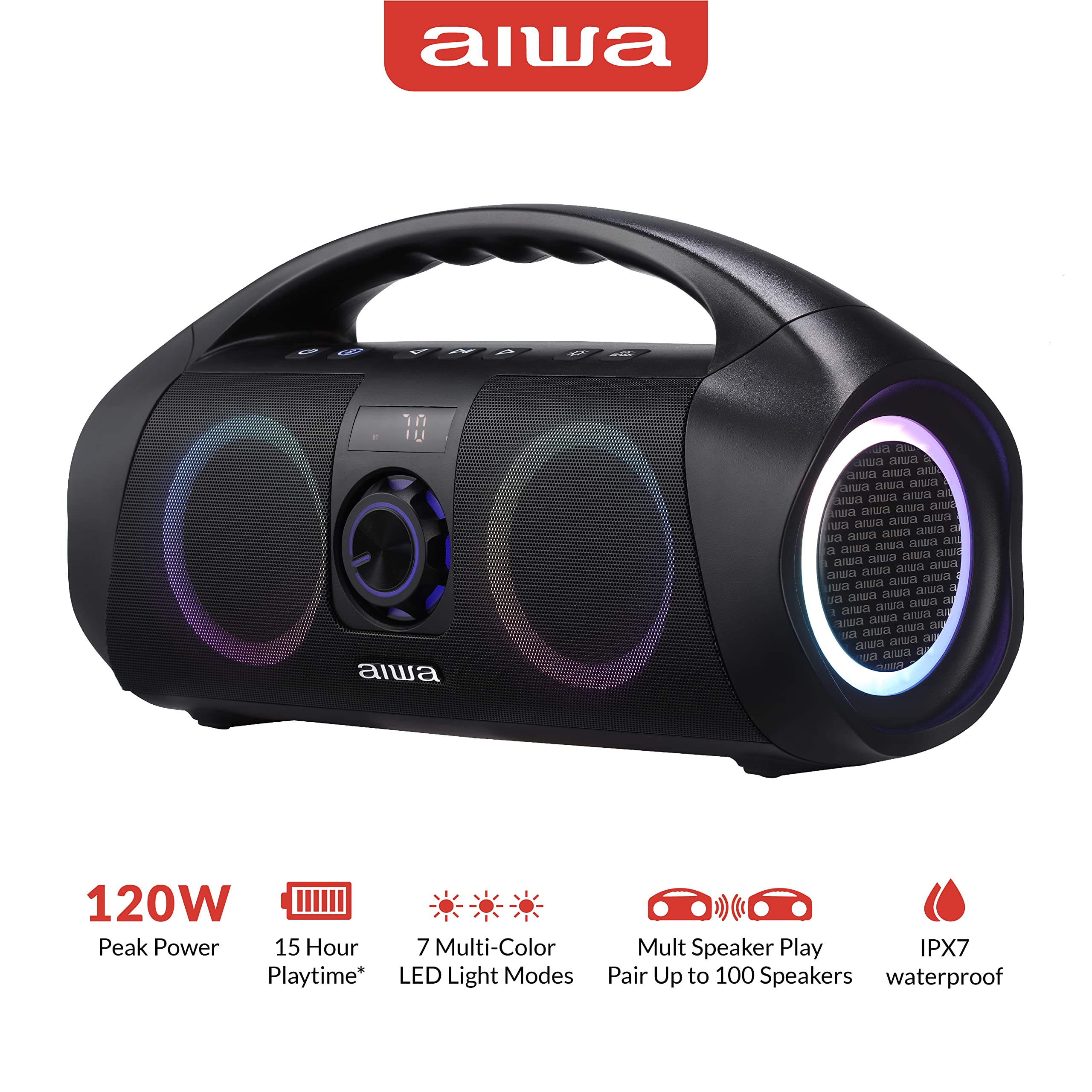 AIWA Waterproof Bluetooth Boombox Speaker - Portable Wireless Speaker with LED Lights, Digital Display, AUX Input & 15H Playtime - Perfect for Pool Parties, Beach Outings & Outdoor Adventures