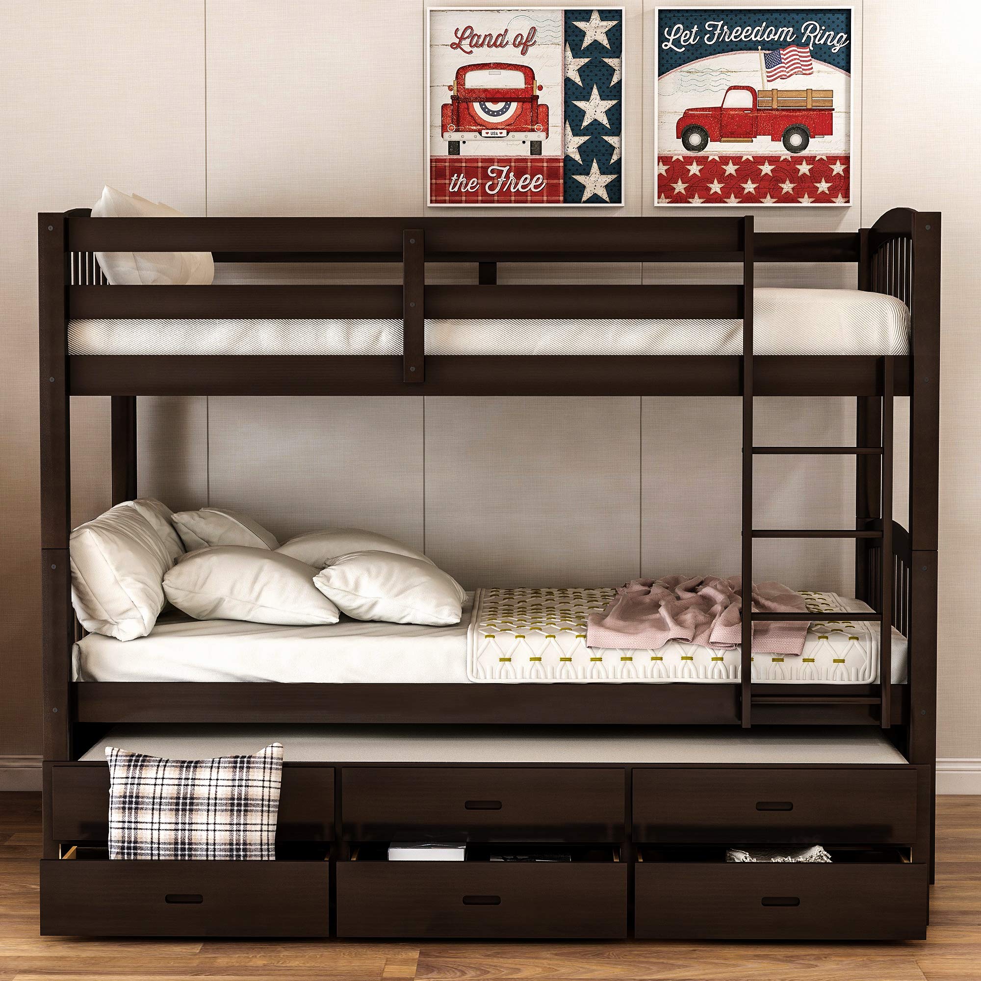 Solid Wood Twin Over Twin Bunk Bed for Kids with Trundle, Storage Drawers & Safety Guardrails - No Box Spring Needed (Espresso + Pine) - Perfect for Small Bedrooms, Guest Rooms & Vacation Homes