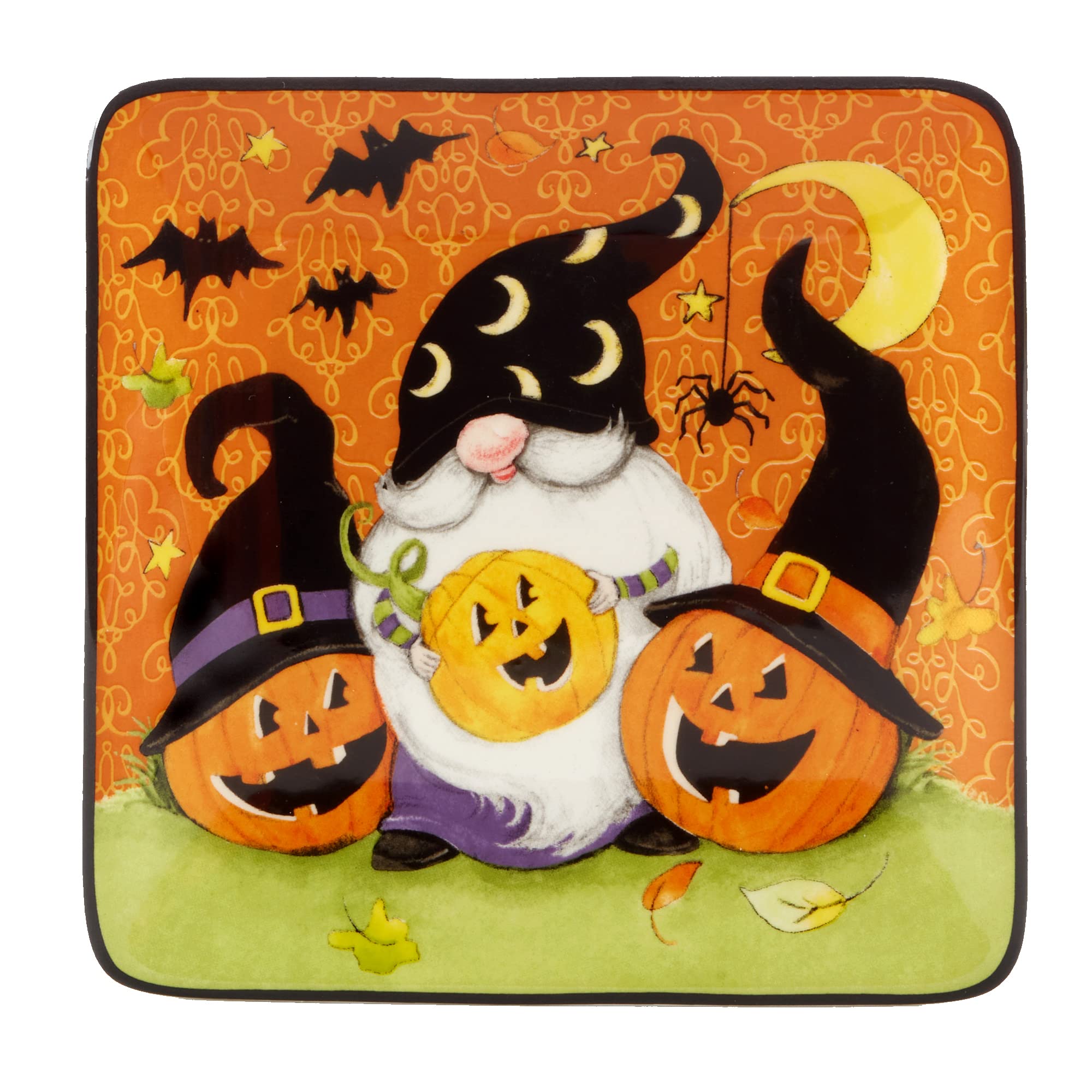 Halloween Gnome 6-Inch Square Plates - Set of 4 Colorful Small Appetizer Dishes for Halloween Party, Dinner, or Luncheon | Certified International