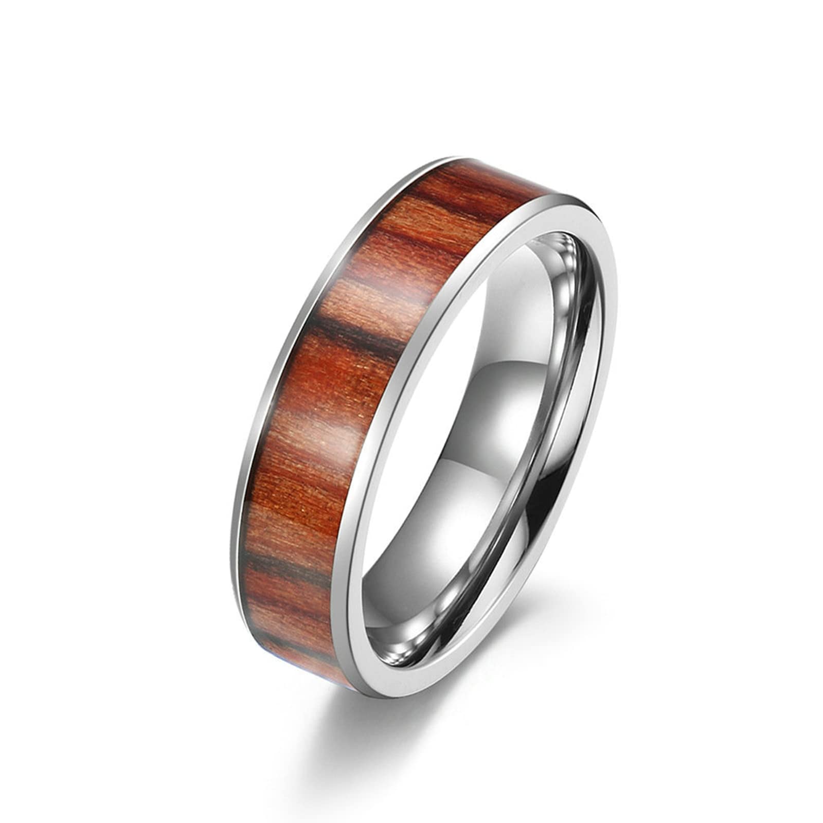 Bishilin Men's Engagement Ring - Stainless Steel Wedding Band with Wood Inlay (4-8MM Width) - Durable Silver Ring for Him - Perfect for Proposals, Anniversaries & Everyday Wear