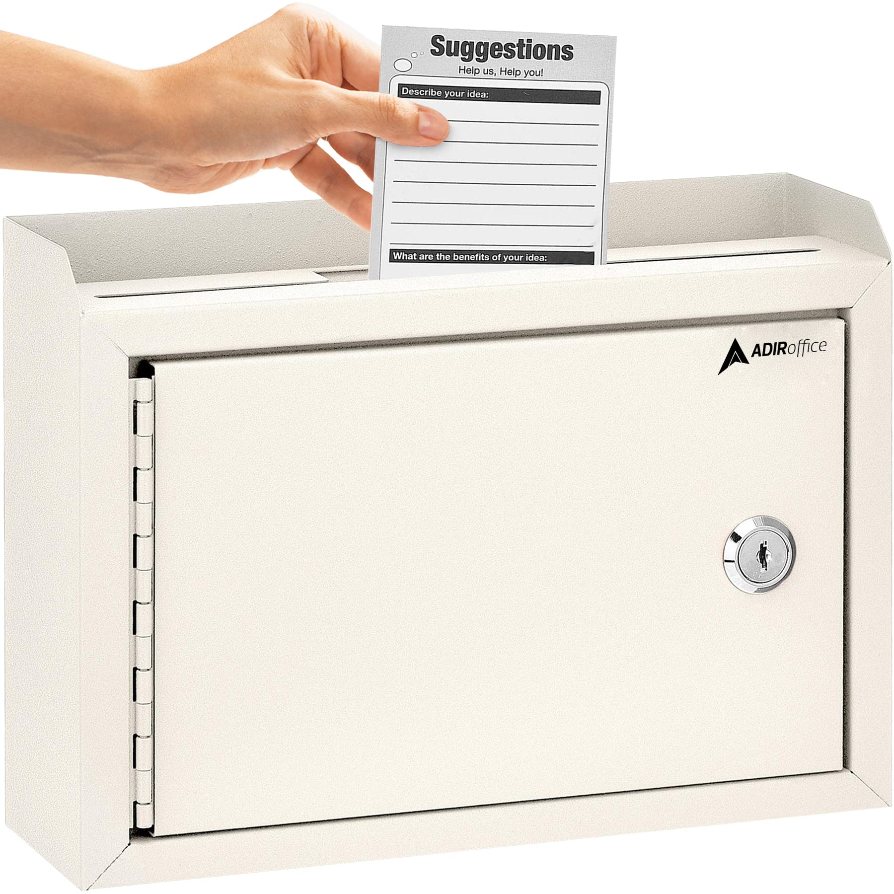 Adir Corp. Wall Mountable Steel Suggestion Box with Lock - Heavy Duty Key Lock Security Box for Donations, Collections, Ballots & Documents (9.75x7x3 Inches, White) - Ideal for Offices, Schools, Retail Stores & Public Spaces