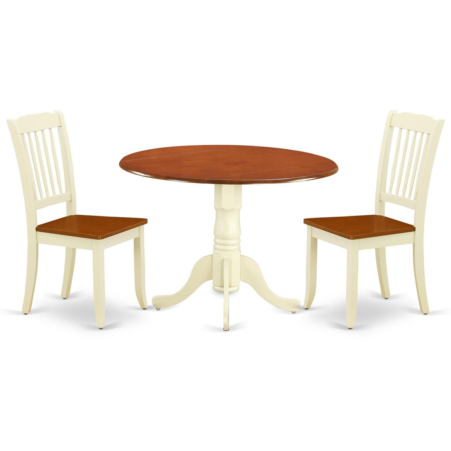 East West Furniture DLDA3-BMK-W 3-Piece Round Dining Table Set with Drop Leaf & 2 Wooden Chairs - 42x42 Inches, Buttermilk & Cherry Finish - Perfect for Small Spaces, Breakfast Nooks & Cozy Dining Rooms