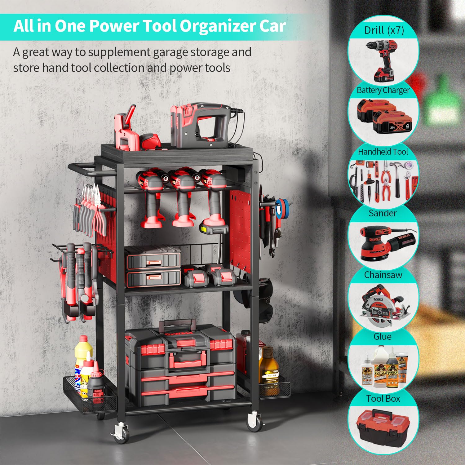 HapiRm Power Tool Organizer Cart with Wheels & Charging Station - Heavy Duty Garage Storage Cabinet for Drills & Tools - Perfect Workshop Gift for Men & Dad (DIY Projects, Home Improvement, Auto Repair)