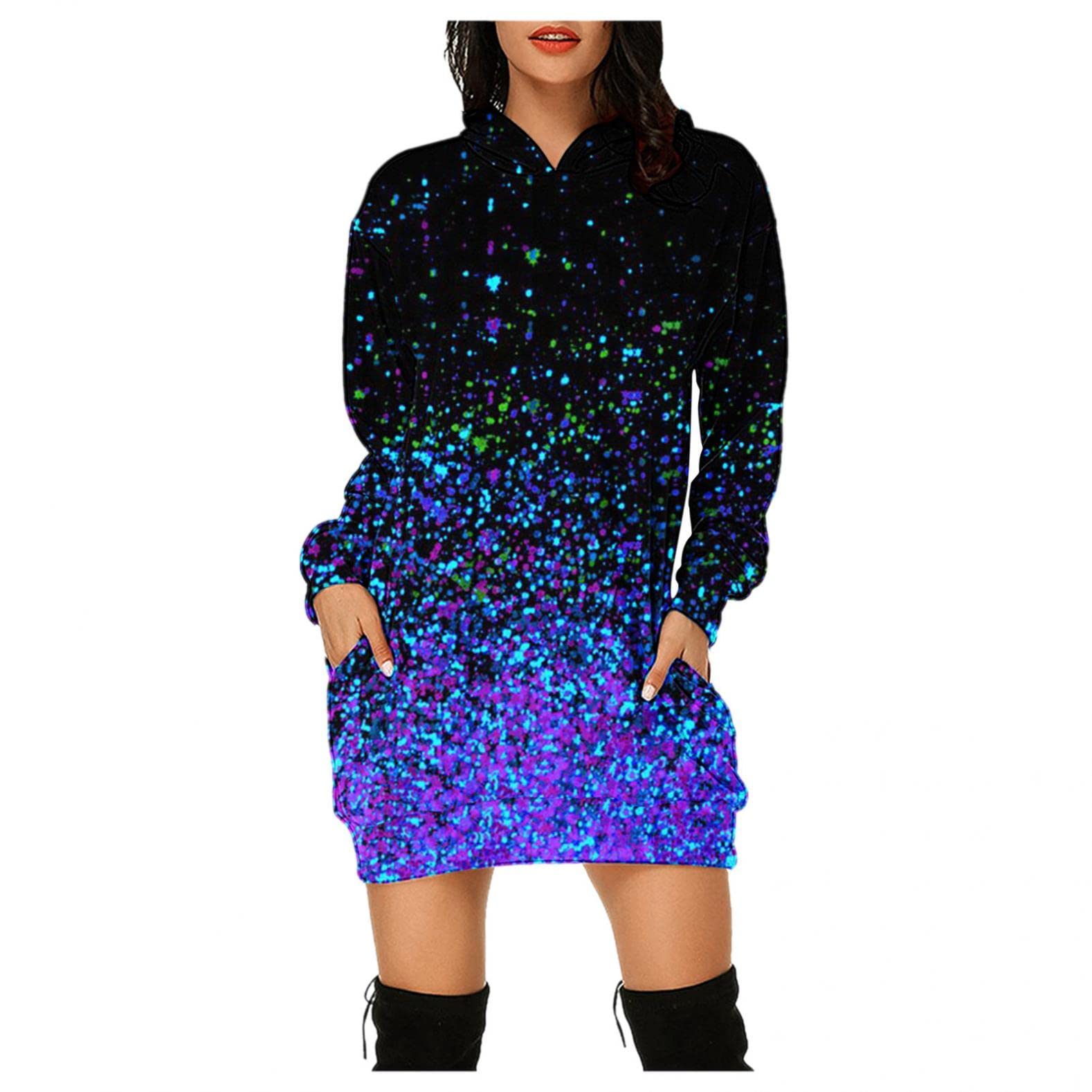 Women's Casual Print Hoodie Dress with Bag Hip Pocket & Long Sleeves - Stylish Loungewear for Everyday Wear, Street Fashion & Weekend Outings